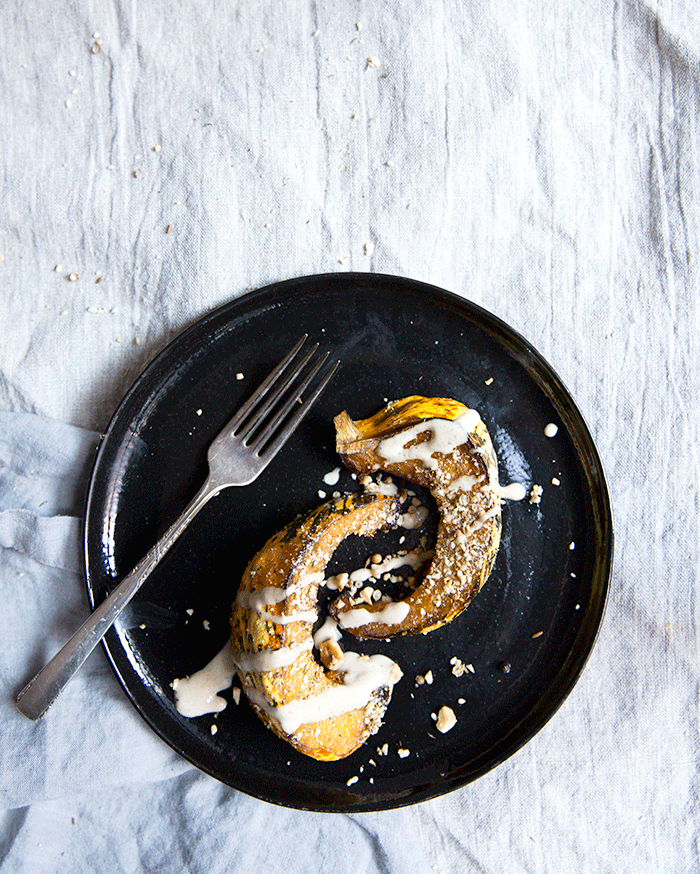 roasted squash wedges with hazelnut dukkah + tahini drizzle