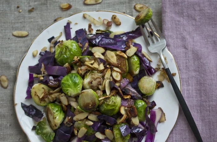 sautéed brussels sprouts + red cabbage with toasted almonds
