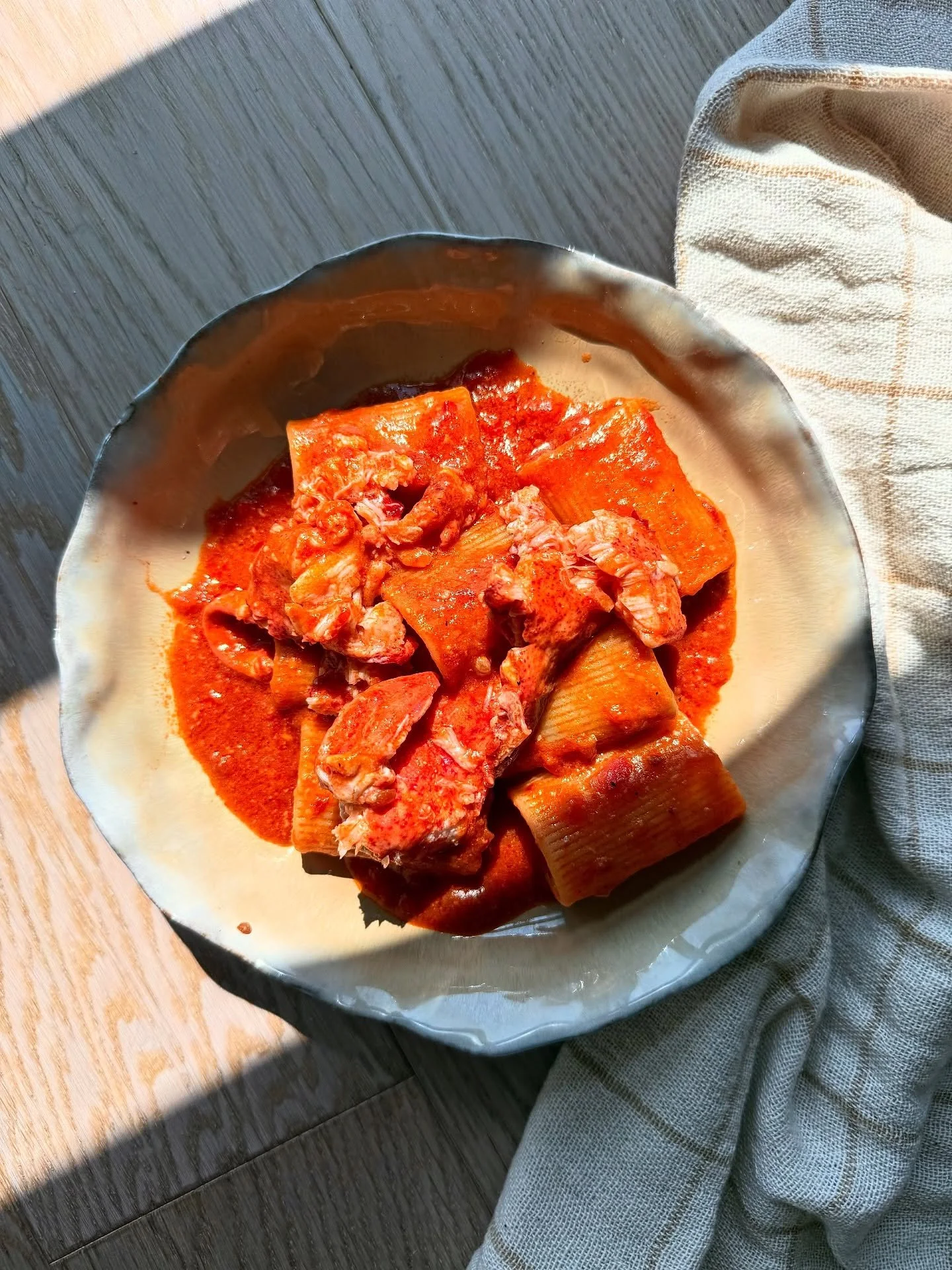seasons change but spicy lobster vodka rigatoni is forever ❤️ grateful to my friends at @fultonfishmarket for keeping me well-stocked with lobster so I was able to treat my friends + guests to my favorite lobster pasta all summer long. My recipe for 