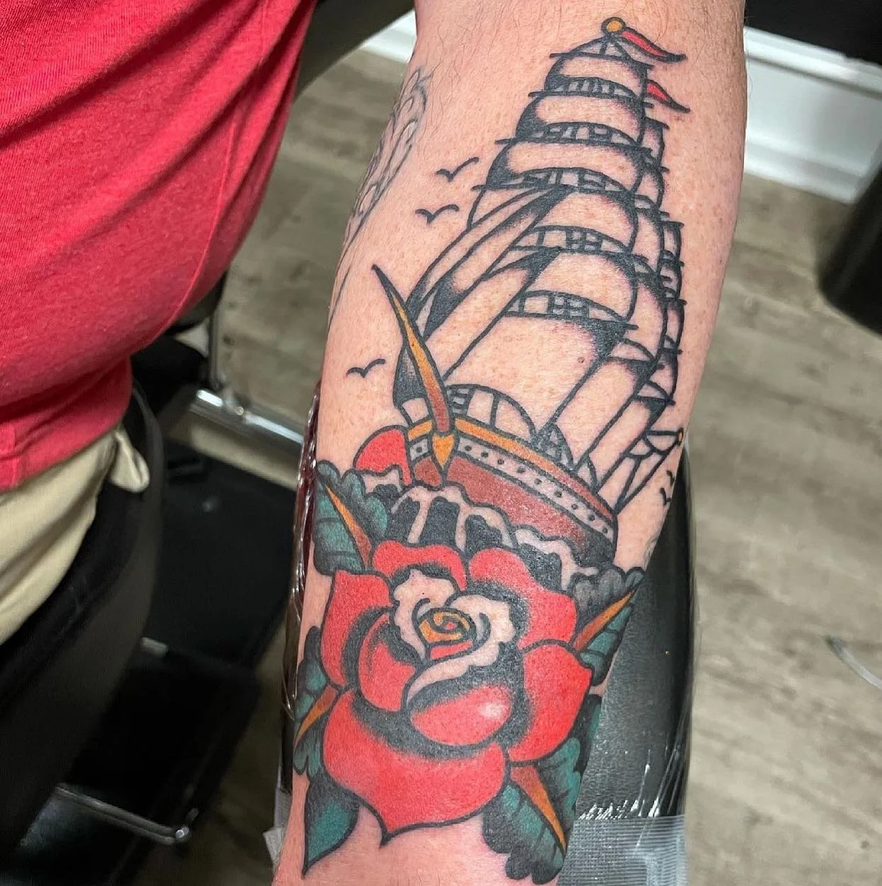 Clipper ship done by  @nicholasjamestattoo 
*
If you&rsquo;re looking to make an appointment with Nick head on over to his Instagram and send him a DM.
*
📚 Books always open 📚 
*
#boston #bostontattooartist #supportgoodtattooing #supportgoodtattooe