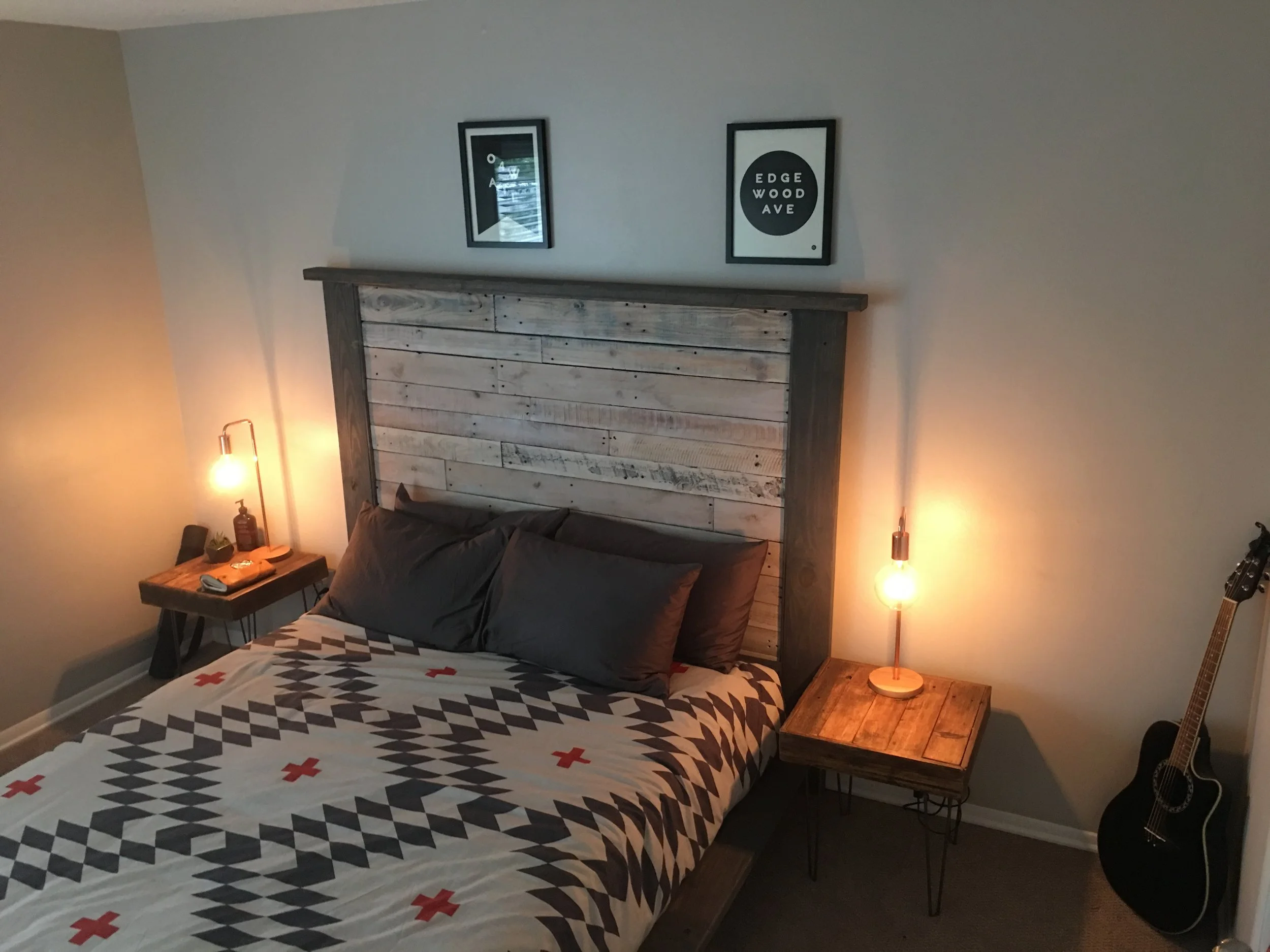 Our room is the last room of our apartment to really be finished off. Our bed was constructed by a family friend, Derrick, who owns Tuck's Traditions for anyone who is interested in having anything built for their home. He is also currently making us an extremely customized dresser. Hah. Lamps are from West Elm, dressers are from Etsy and art is from Chrome Yellow coffee shop on Edgewood Ave. Bedspread from Urban Outfitters. Guitar from Justin's childhood. lol. 