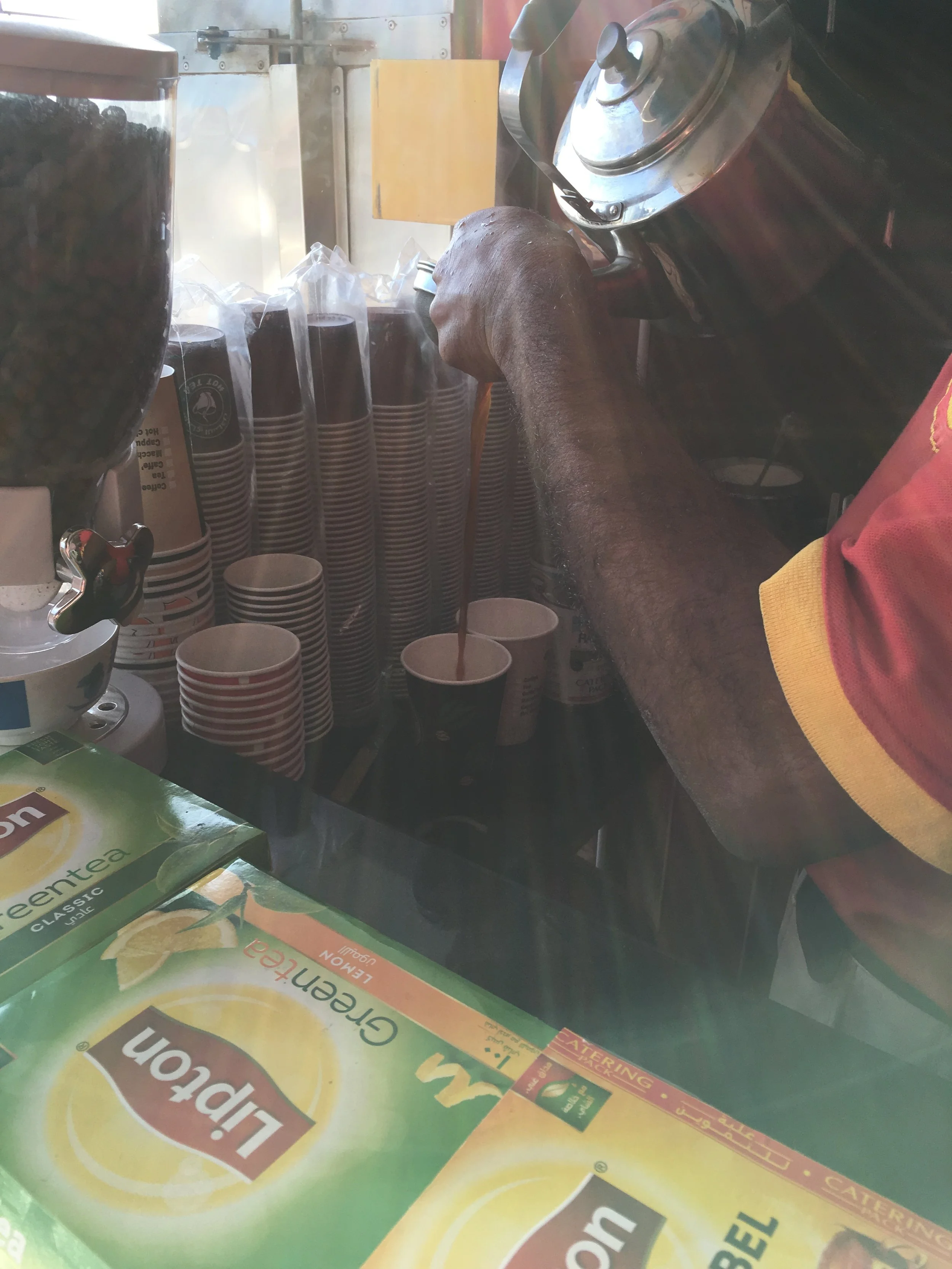 Also, for those of you who have never had the magic elixir known as karak, it is basically steeped Lipton Yellow Label tea with LOTS of sugar and LOTS of caffeine. You'll be pretty heavily caffeinated and feeling like a sugar junkie (or some other sort of junkie) within minutes. The crash, however, is not pretty. 