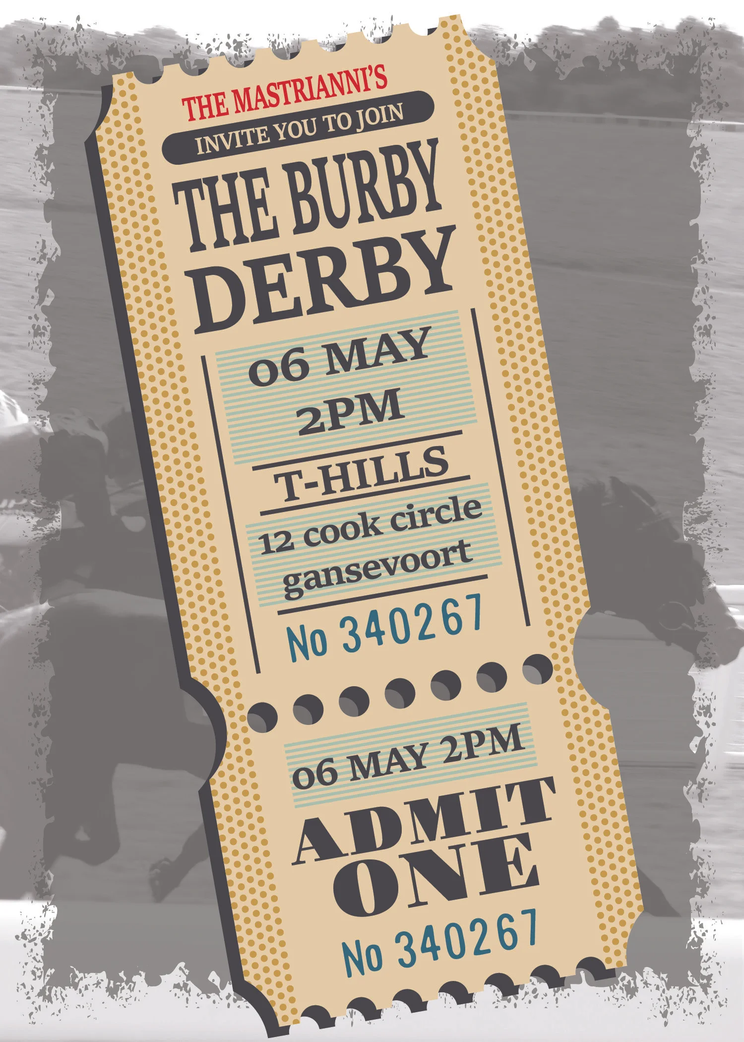 A promotional ticket for a derby event, with details about the date, time, and location, and an invitation from The Mastrianni's.