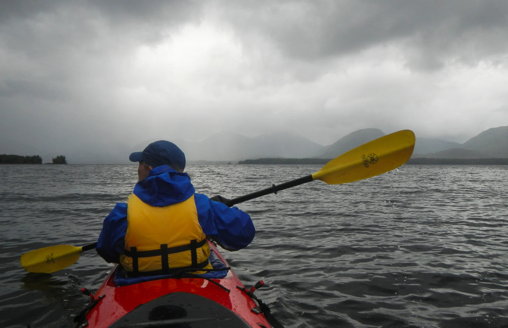 Kayaking at Orcas Cove on a beautiful, misty day.