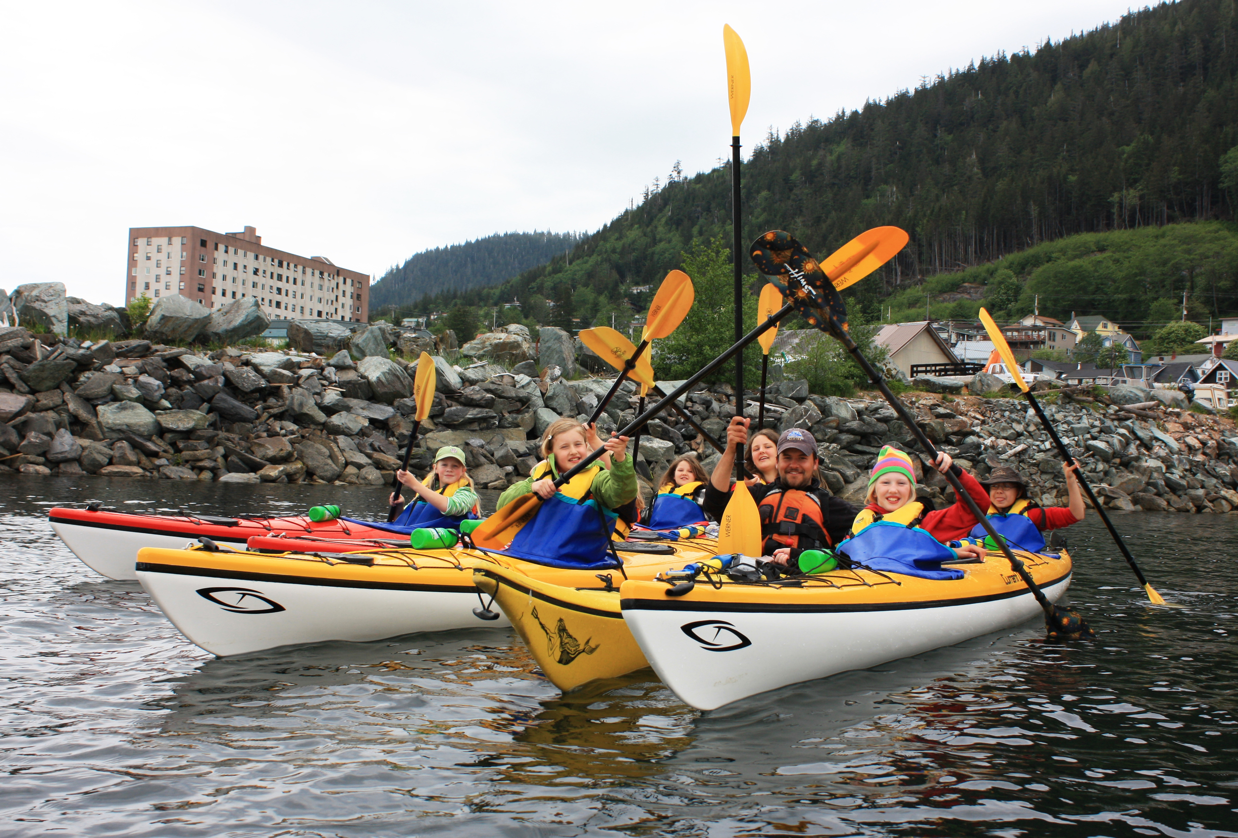  Double Kayaks allow us to safely teach kids the basics of paddling. Here the Girl Scouts paddle Current Designs Unitys with Youth Program director, James. 