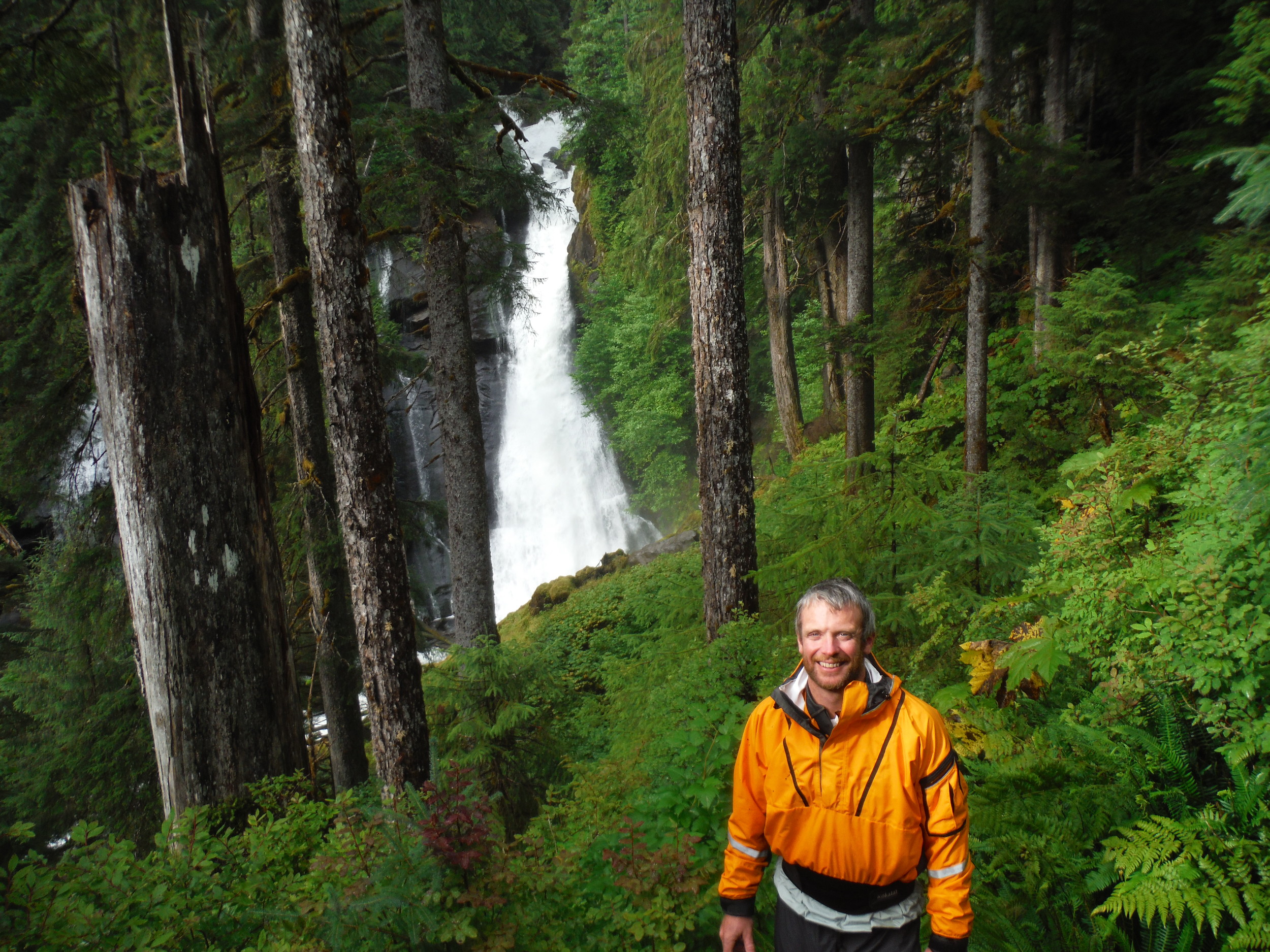 Natcho at the waterfall on the hike to Punchbowl Lake in the Misty Fjords National Monument. 