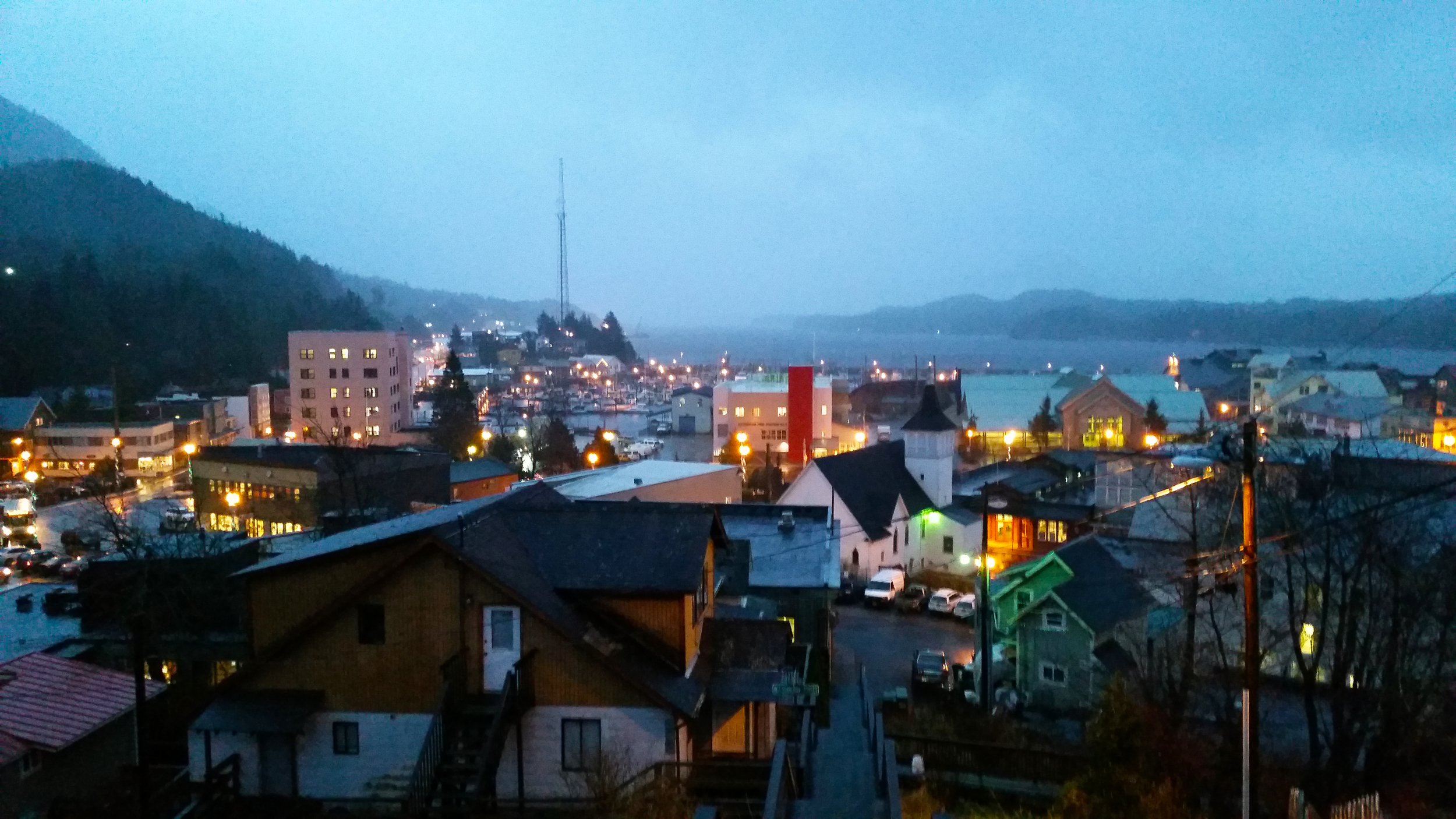  Looking over downtown Ketchikan from the Edmond Street Stairs at twilight, which is about 3pm in midwinter. 