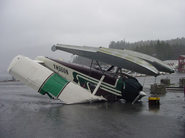  This float-plane broke free of its tie downs during a winter storm in 2003 and flipped upside down. 