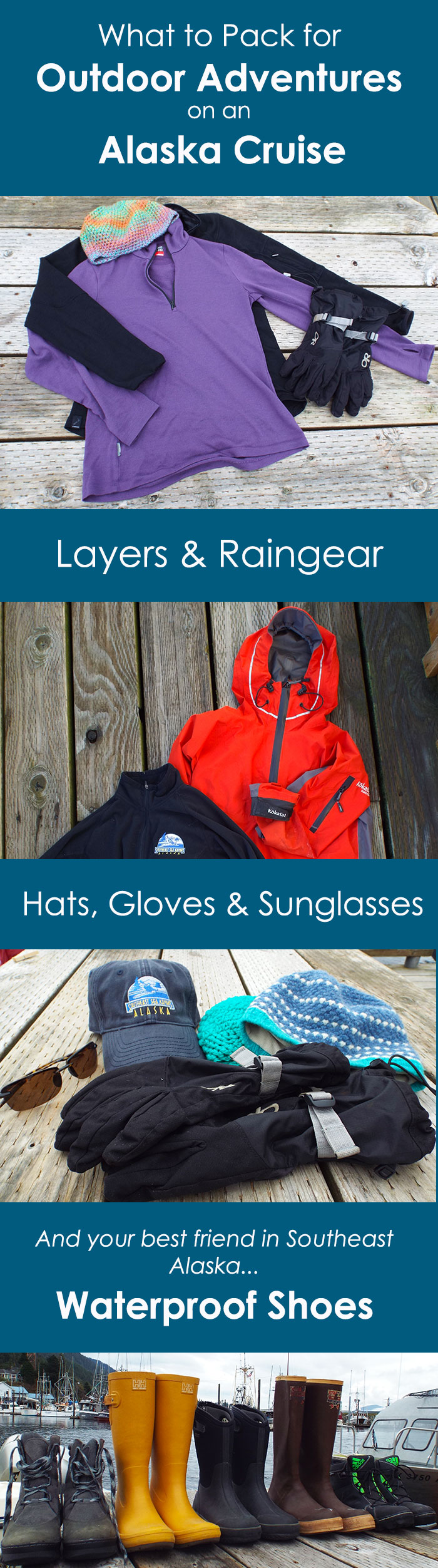 Dress like an Alaskan: what to wear for outdoor adventures in Southeast Alaska, and shore excursions like kayaking or glacier hiking on an Alaska Cruise. 