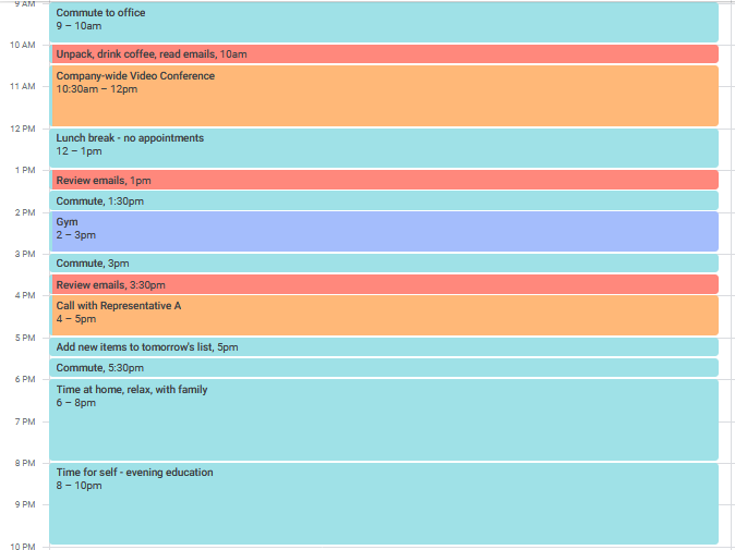 A sample day-at-a-glance for a startup’s CEO.