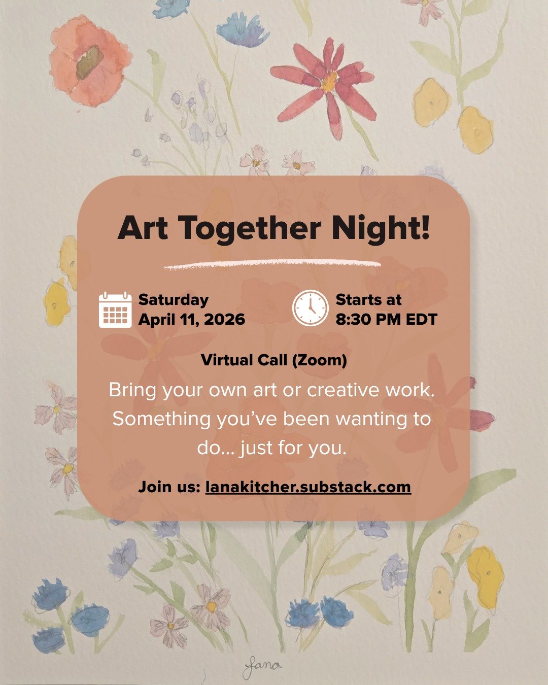 Join me and the "Follow Your Art" community for an ART TOGETHER night on zoom. Carve out time and space for your creative endeavors.

Art Together calls are a benefit of the Follow Your Art membership on Substack. Join here (link in bio) to