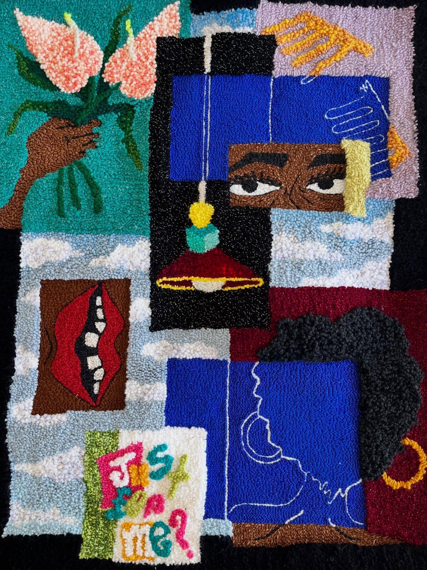 @aliyah_salmon &ldquo;The Blue Rumination&rdquo; 🌀 Now up in our current show, WARM FUZZIES 🌀 This amazing piece is made of acrylic and wool yarn on monks cloth, made by NY-based fiber artist Aliyah Salmon. This show is up until January 10 (though 