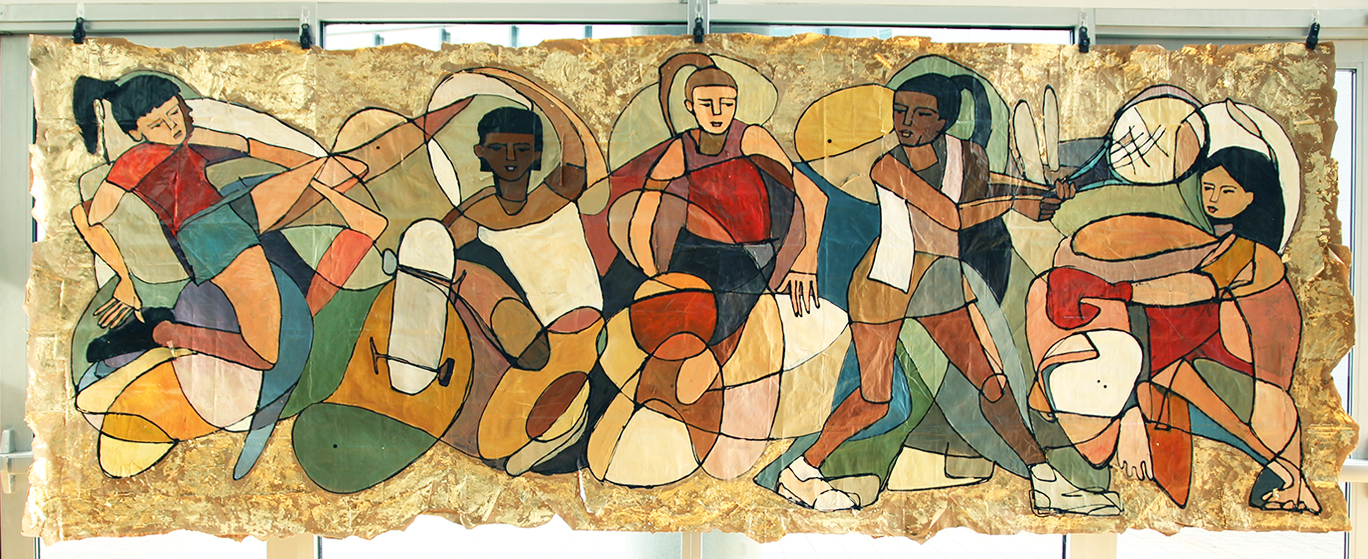 Live mural painting at Adidas Headquarters for Women’s History Month. Gold leaf and acrylic on paper bags.