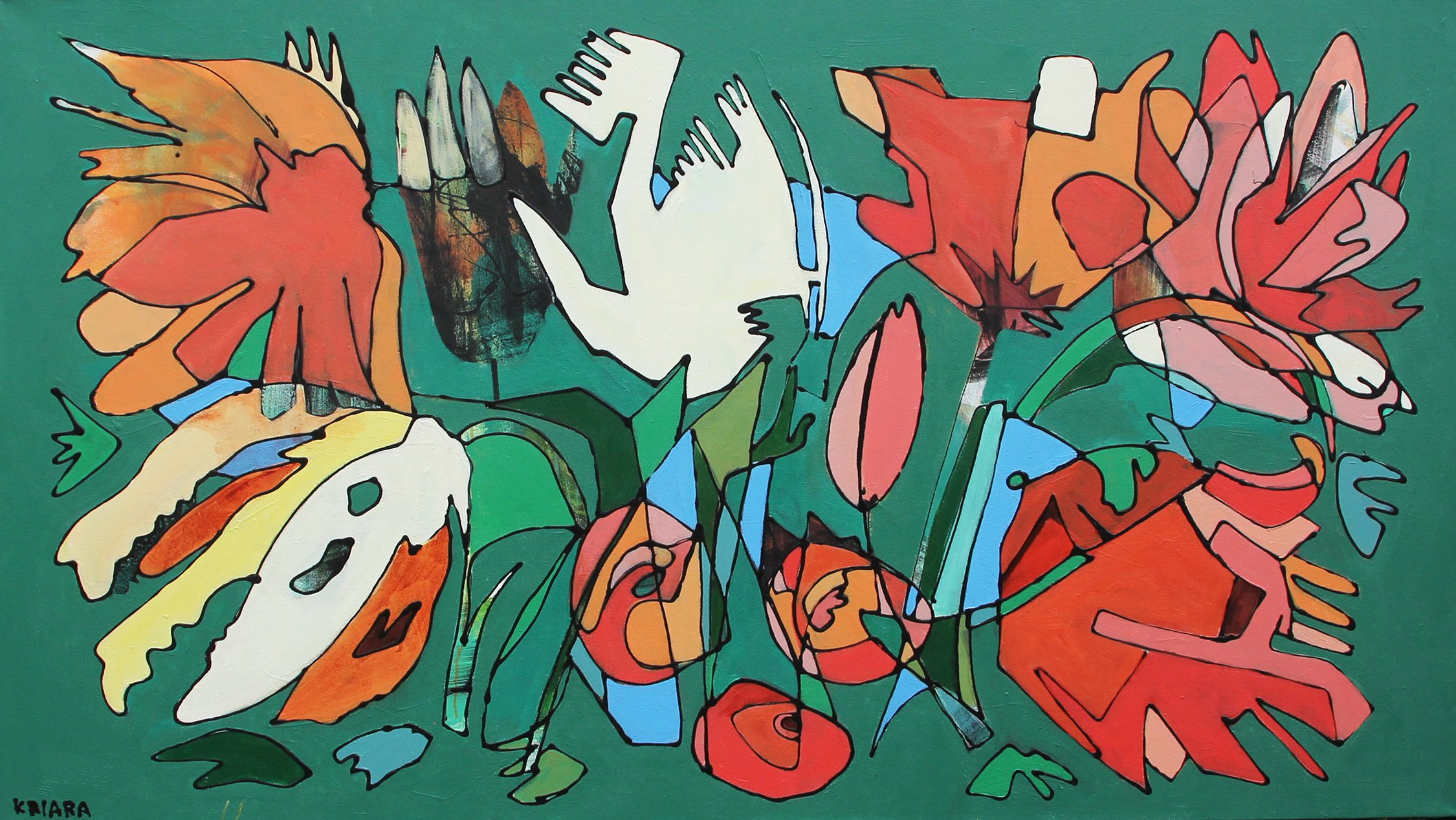   Garden Party . Acrylic on canvas. 38” x 78”. 2023. 