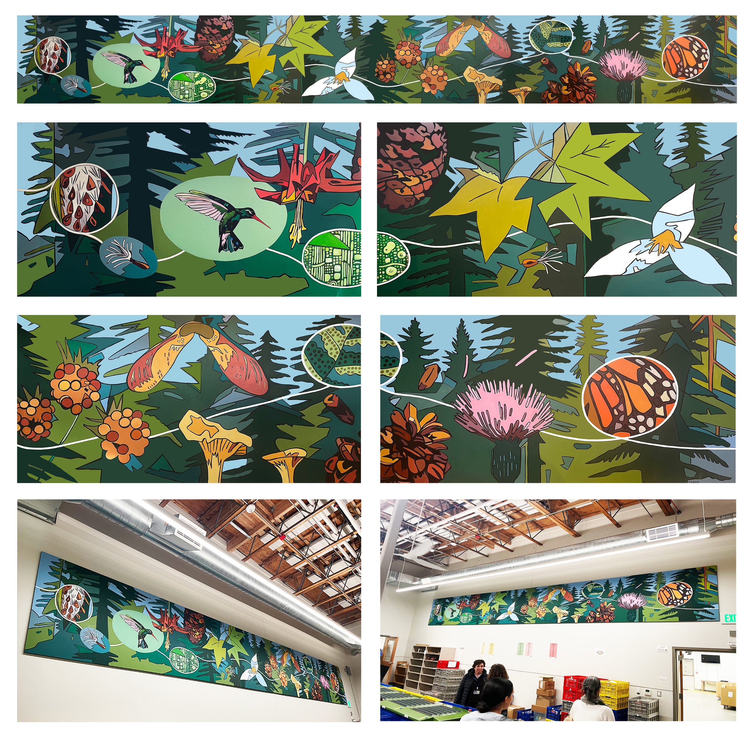  Multnomah County Library Operations Center. Portland, OR.  Acrylic on 4 wood panels installed as one mural. 4’ x 32’.  October 2023. 