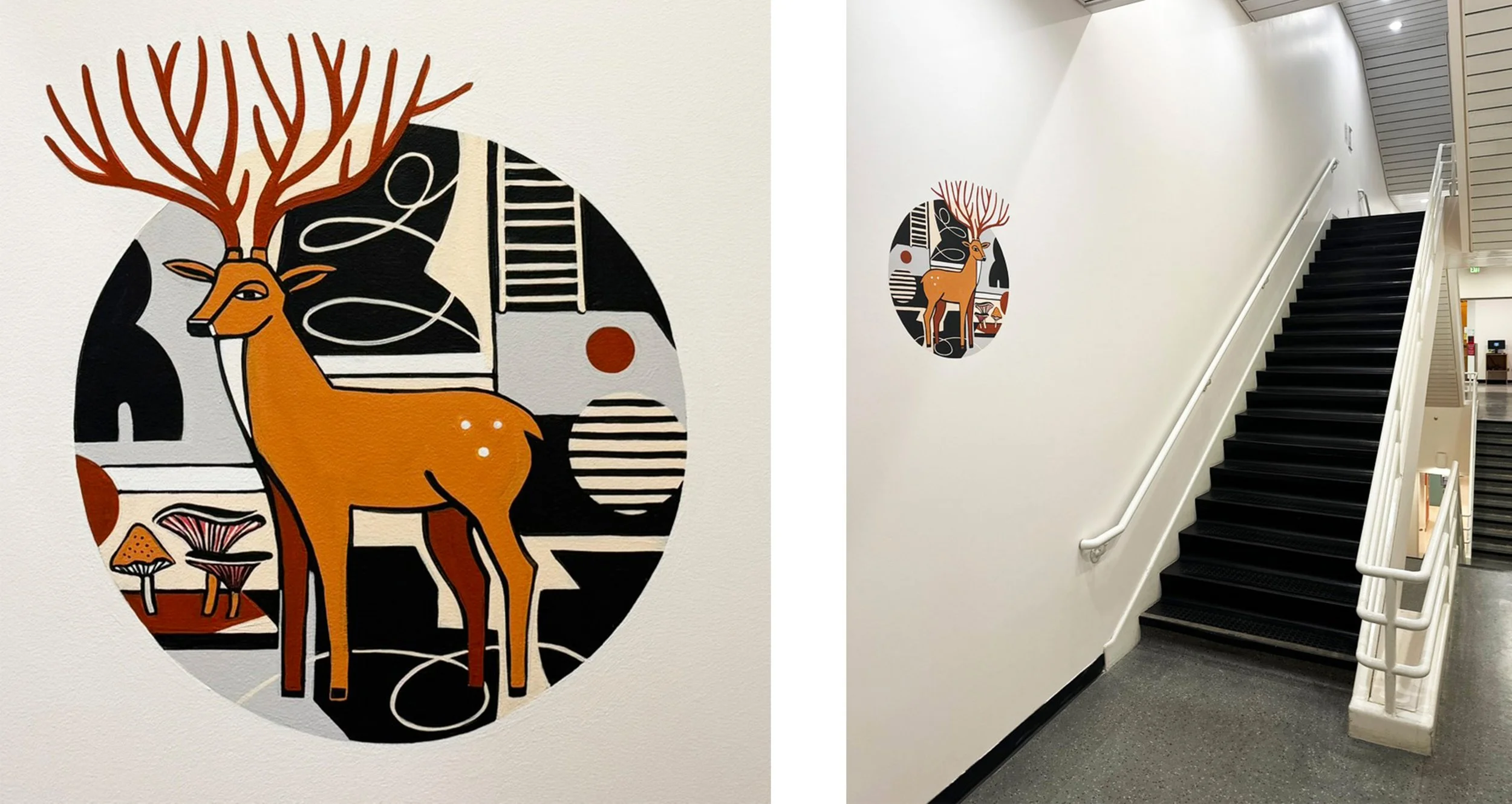  1 of 8 way-finding murals for the Miller Library stairwell at Portland State University, 2026. 