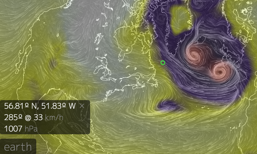 This is a Stereographic projection of the wind at the surface and the mean sea level pressure.