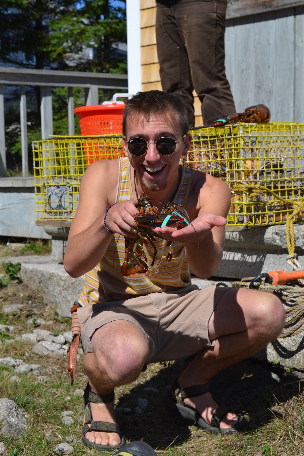 A student shows off a lobster he banded.