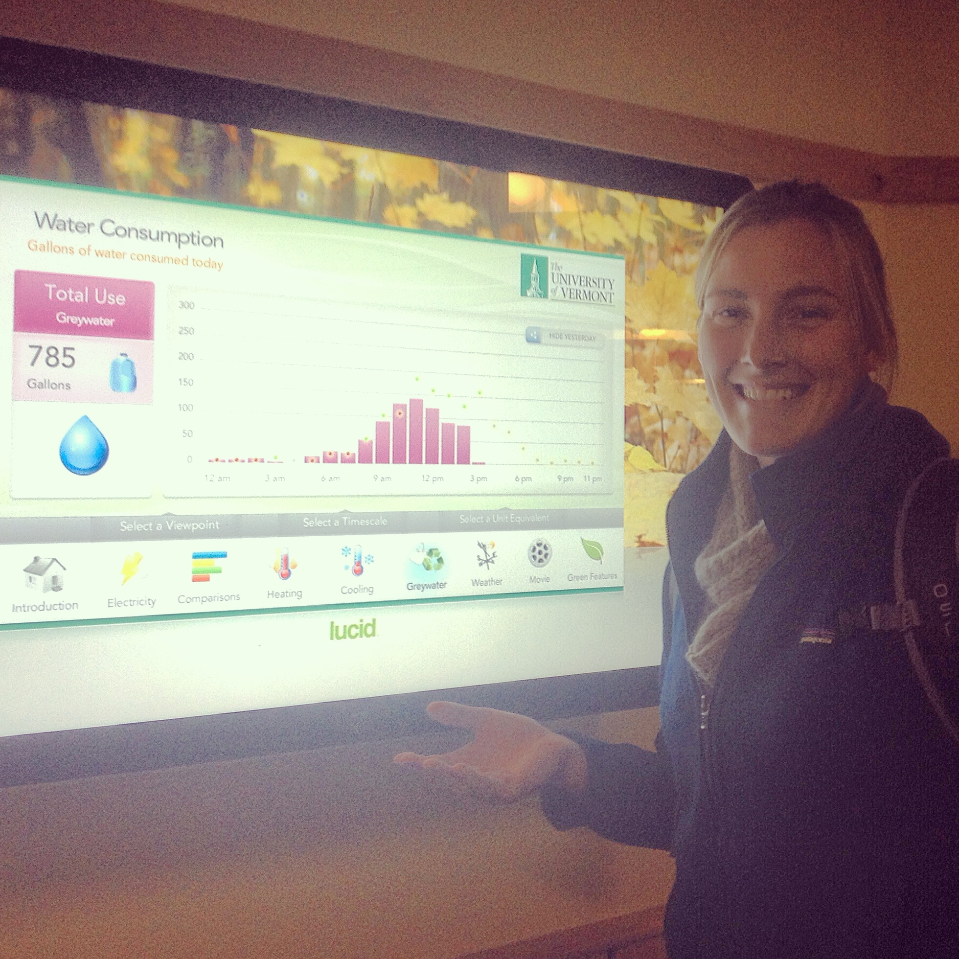 While on campus, we checked out some of the ways UVM is communicating their sustainable design initiatives. One of these is through this awesome building dashboard , which, paired with a series of sensors in their buildings, tracks electricity and natural gas use of their LEED certified buildings.