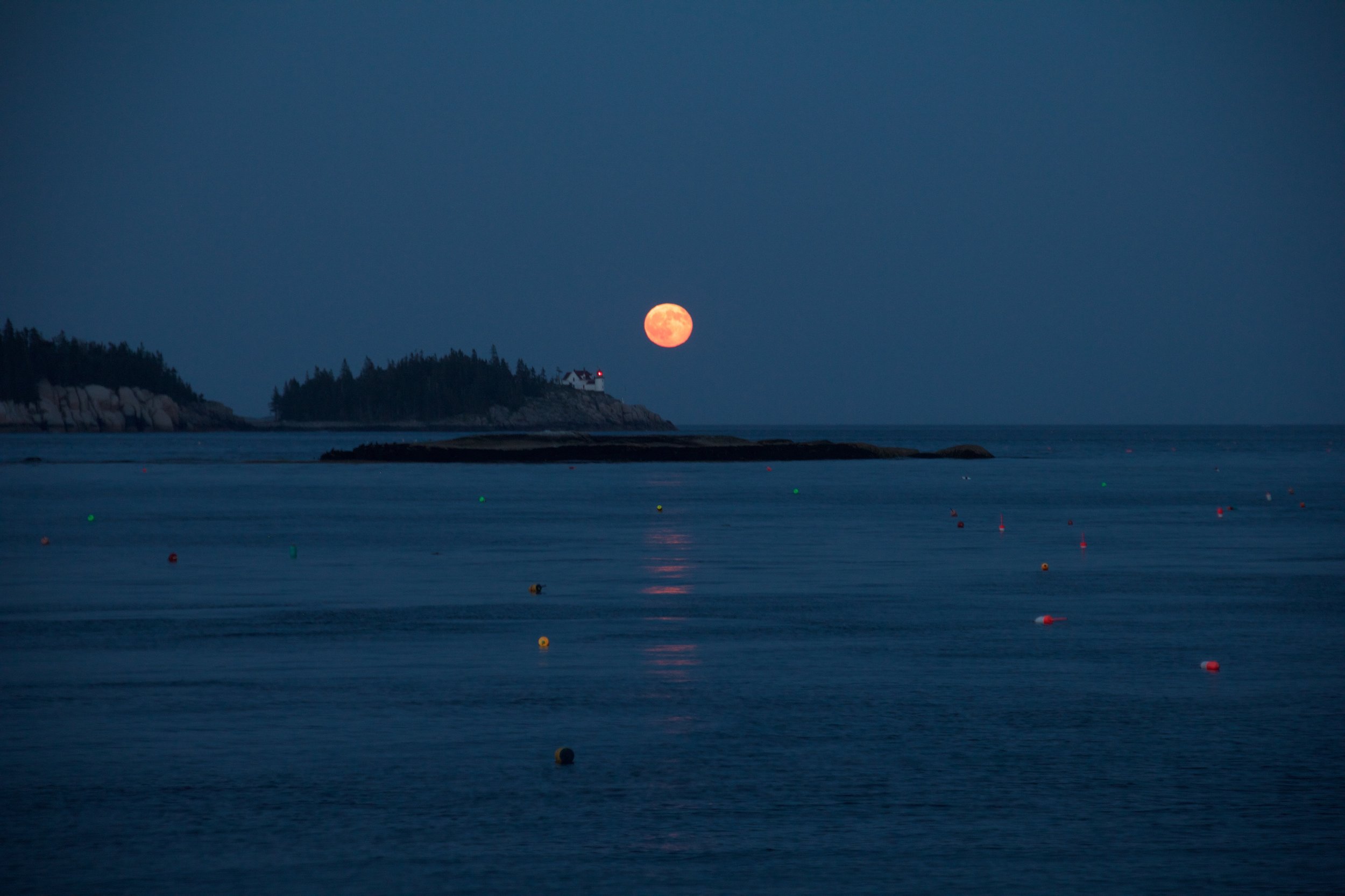 The full, red moon rising over Heron's Neck lighthouse on Greens Island on the other side of Hurricane Sound.