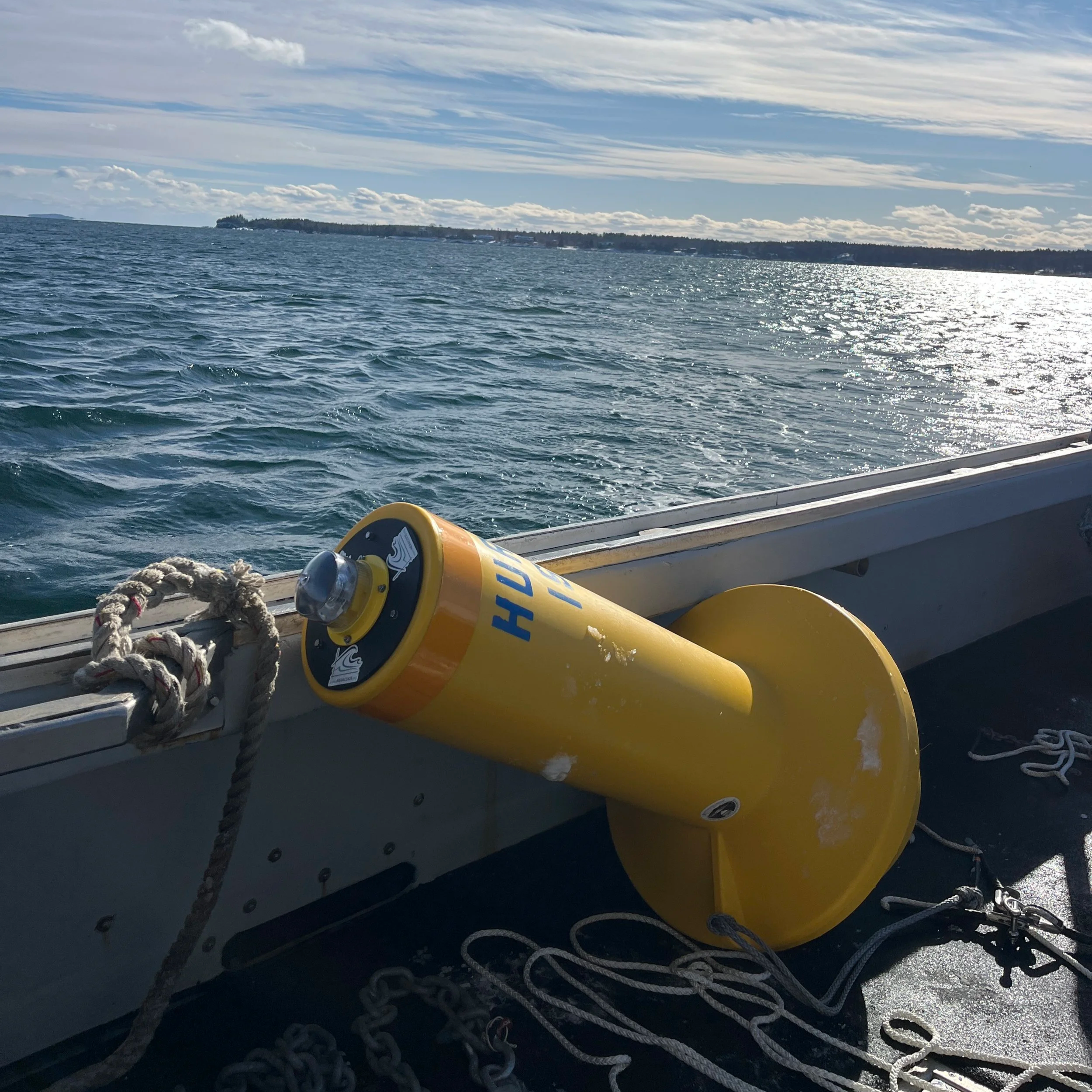 A buoy ready for deployment in January from a partner fishing vessel