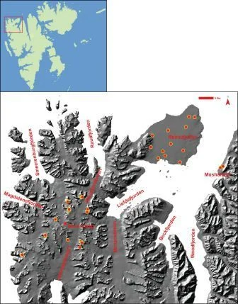 Kart over Nordvestspitsbergen med prøvelokaliteter.