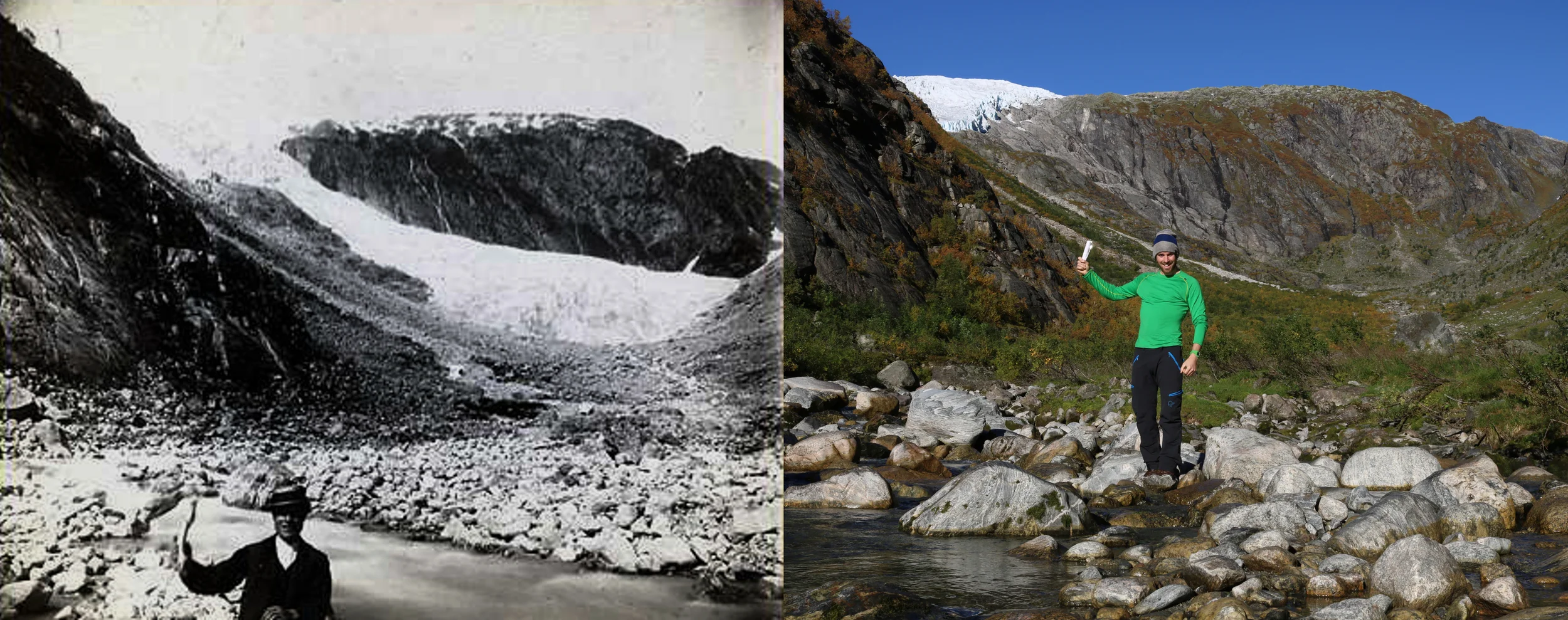 Vetle Supphellebreen i 1884 (foto: Steensrup, K.J.D.) og 2015 (foto: Pål Gran Kielland).