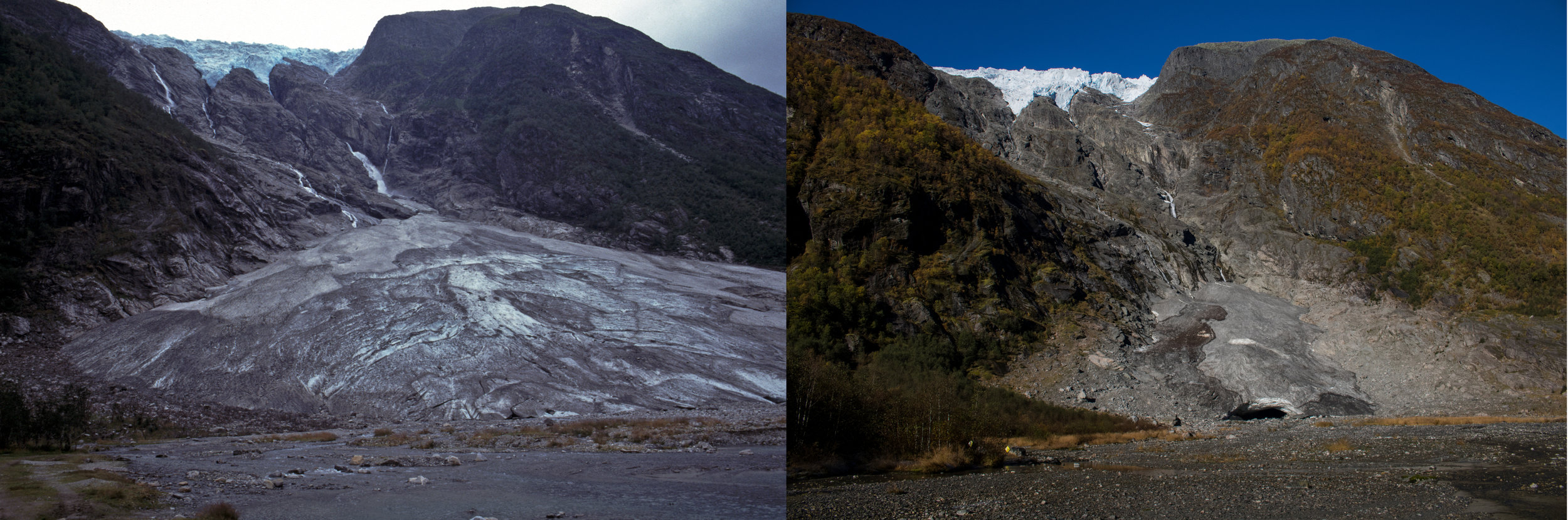 Store Supphellebreen 1997 (foto: Stefan Winkler) og 2016 (foto: Pål Gran Kielland).
