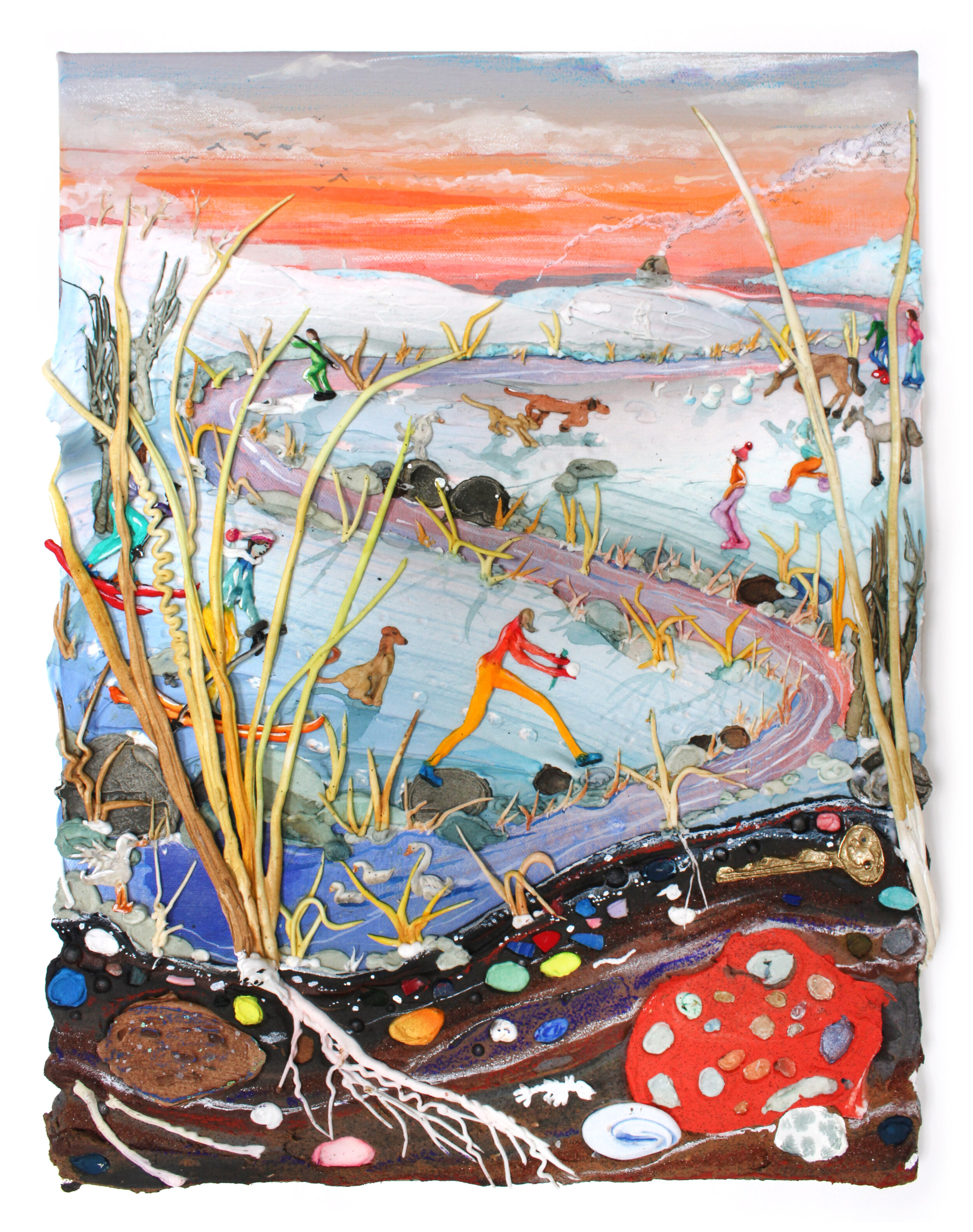   A Walk In The Snow , 2020. Acrylic, watercolor, crushed garnet, sand, pumice, graphite, cast iron, cast brass, micro plastics from Lake Michigan, glass and oil pastel on canvas, 16.5 x 12.5 x 1.5 in. (41.9 x 31.8 x 3.9 cm)   