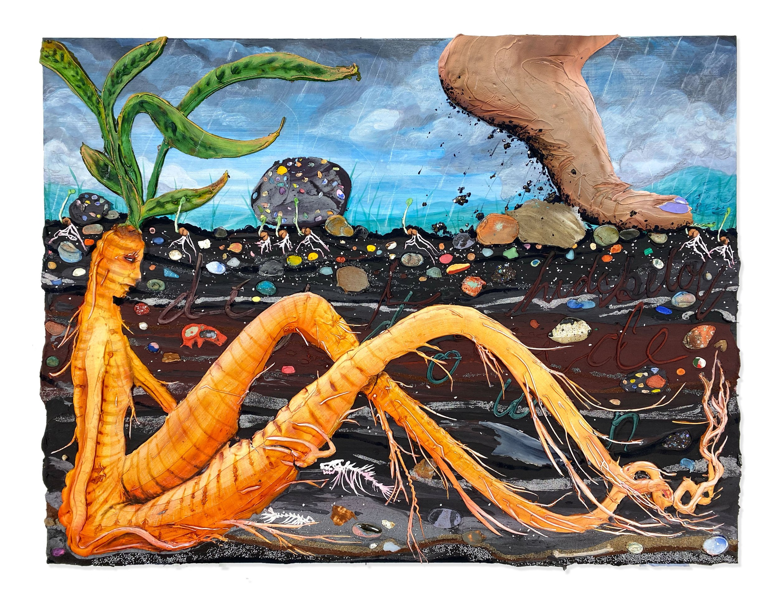   Barefoot In The Garden , 2021. Acrylic, pigment, flashe, pumice, sand, ceramic, rocks from Lake Michigan, and oil stick on canvas, 30.25 x 40.25 x 1.25 in. (76.9 x 102.2 x 3.2 cm) 