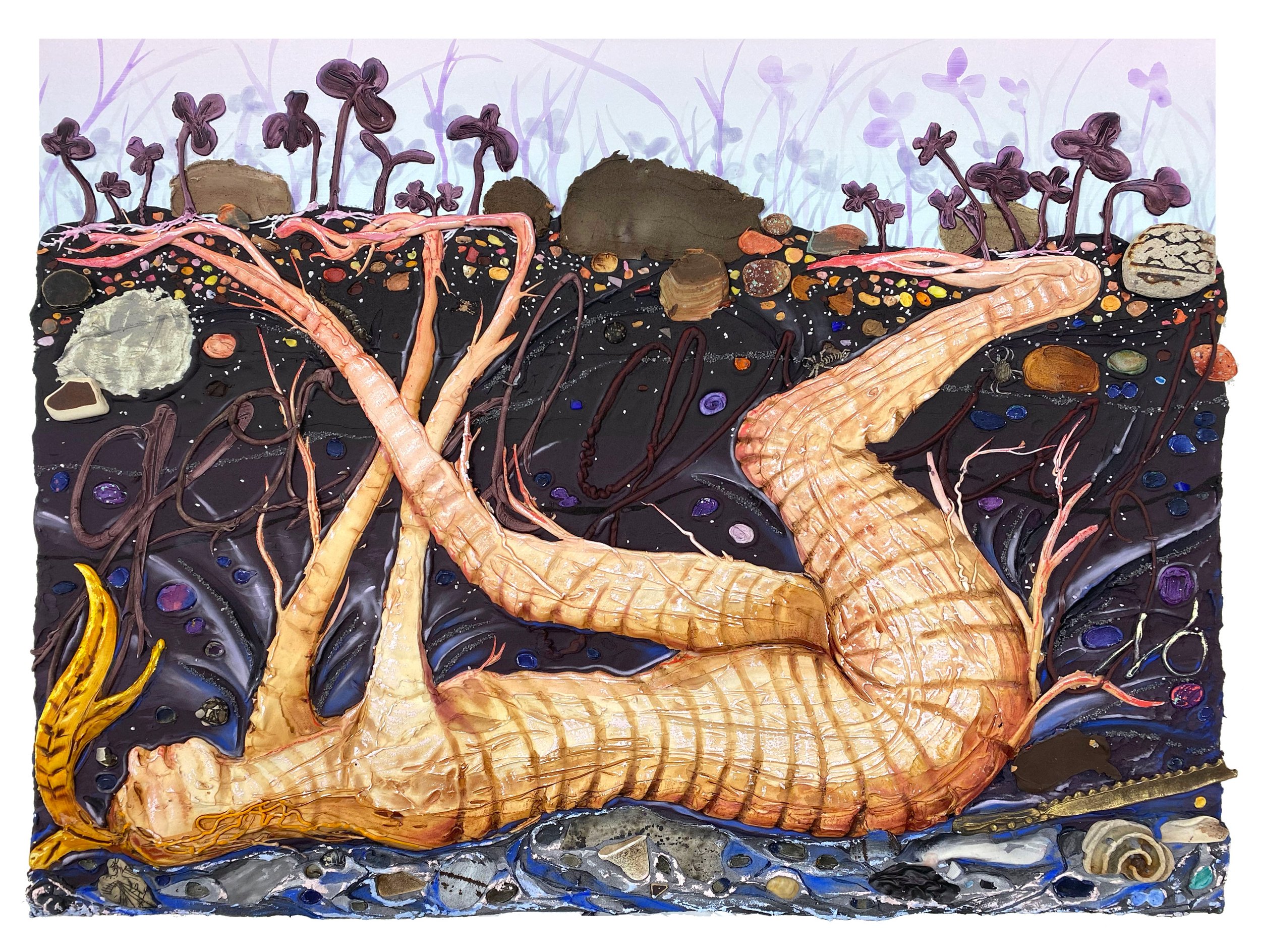 Good Grief , 2021. Acrylic, pigment, flashe, pumice, sand, crushed garnet, rocks, bone, ceramic, cast brass, shells, found objects, chalk pastel, and oil stick on canvas, 30 x 40.5 x 2.25 in. (76.2 x 102.9 x 5.7 cm)
