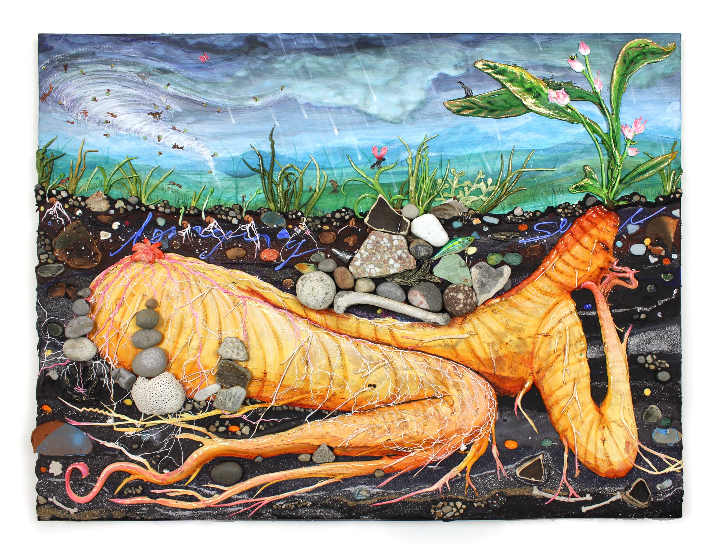   Inclement Weather , 2021. Acrylic, pigment, flash, watercolor, sand, pumice, mica, garnet, rocks, fossils and found objects from Lake Michigan, found bone, ceramic, shells, my grandfather’s fishing lure, glass, and oil stick on canvas, 40.5 x 30.25