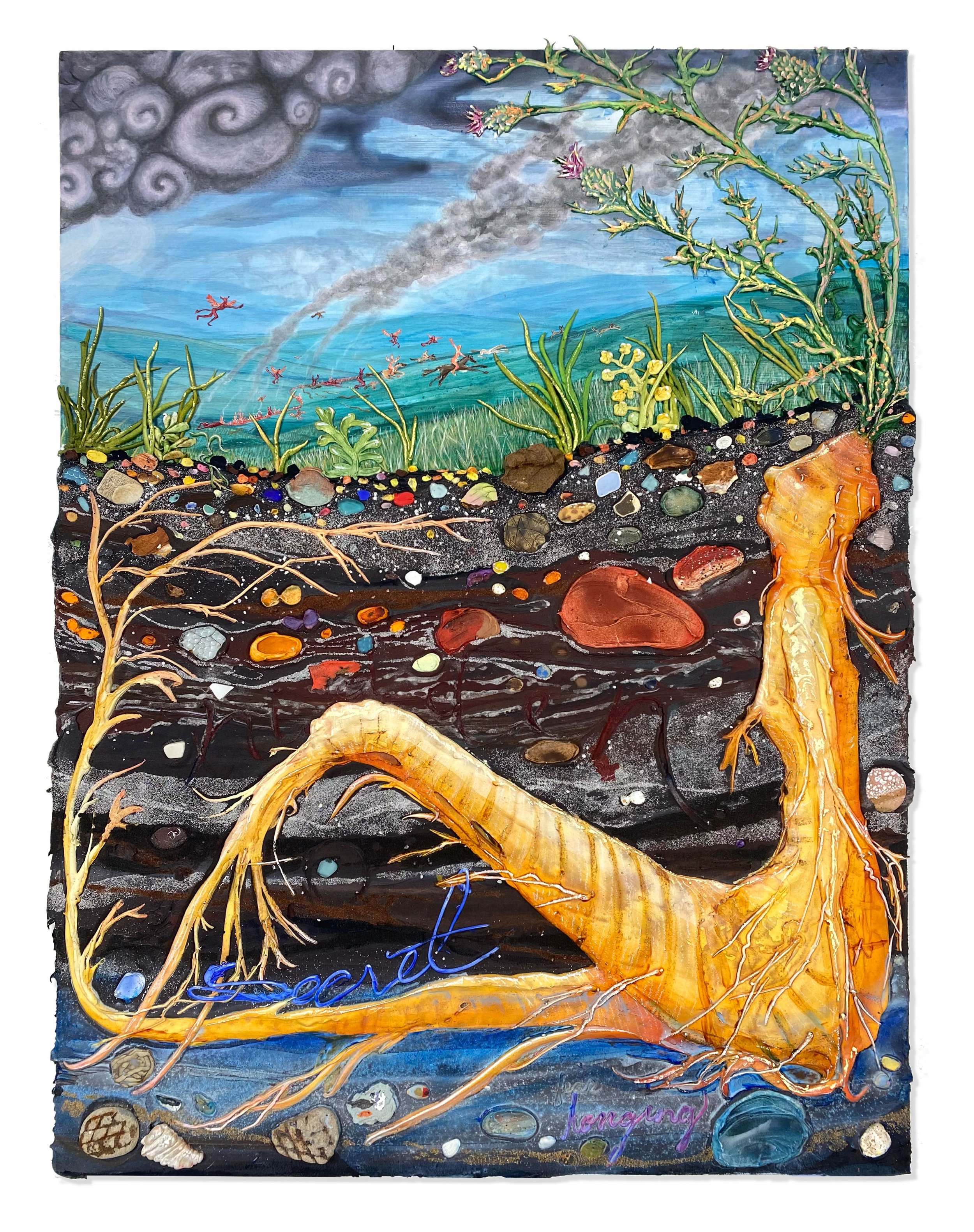   When The Earth Split Open , 2021. Acrylic, pigment, flashe, pumice, sand, ceramic, rocks from Lake Michigan, and oil stick on canvas, 40 x 30.5 x 1.5 in. (101.6 x 77.4 x 3.9 cm)   