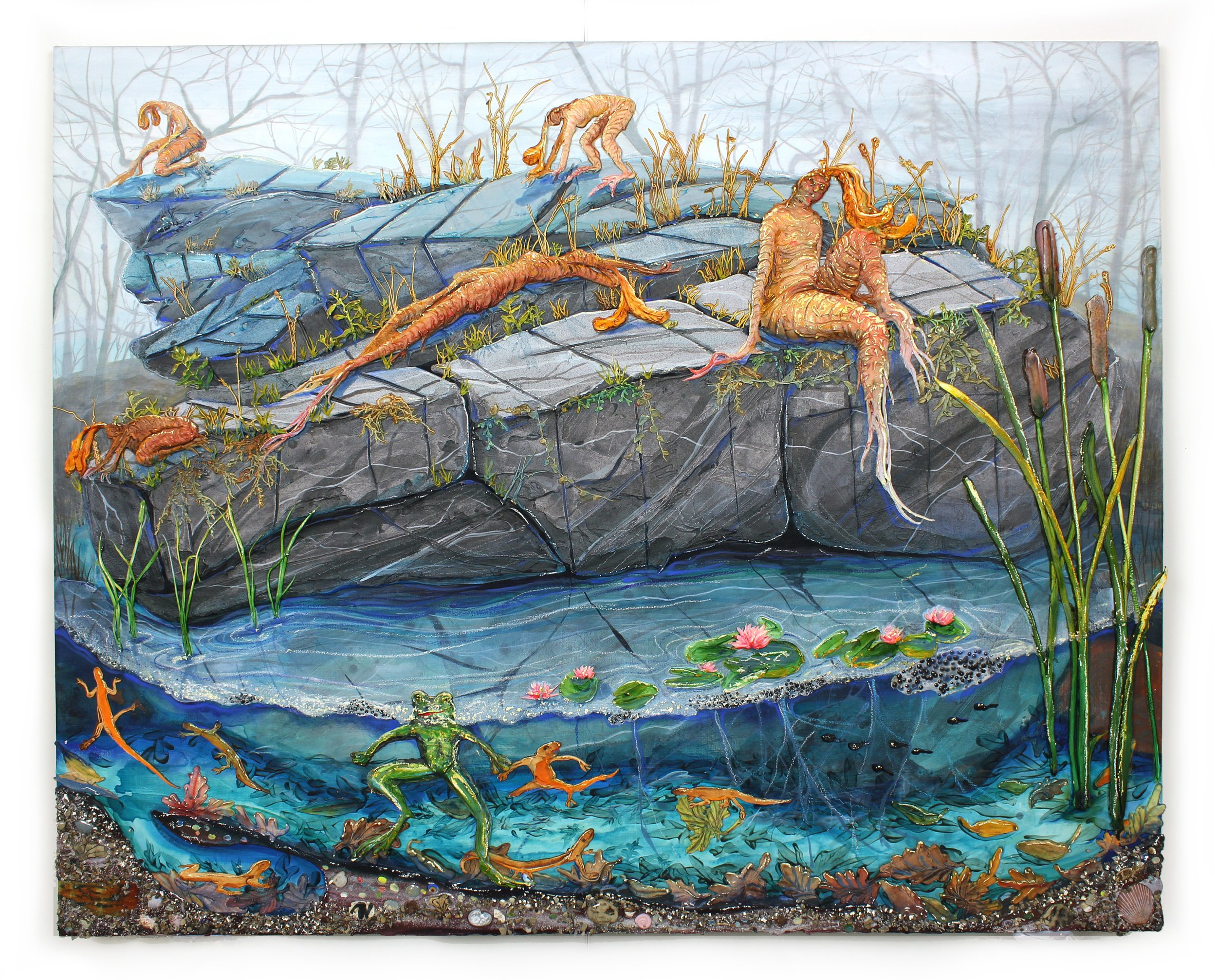   The Marble Quarry , 2021. Acrylic, pigment, flashe, pumice, sand, crushed garnet, ceramic, shells, chalk pastel, epoxy clay, rocks from Lake Michigan, and oil stick on canvas, 40 x 50.5 x 2 in. (101.6 x 128.3 x 5.1 cm) 
