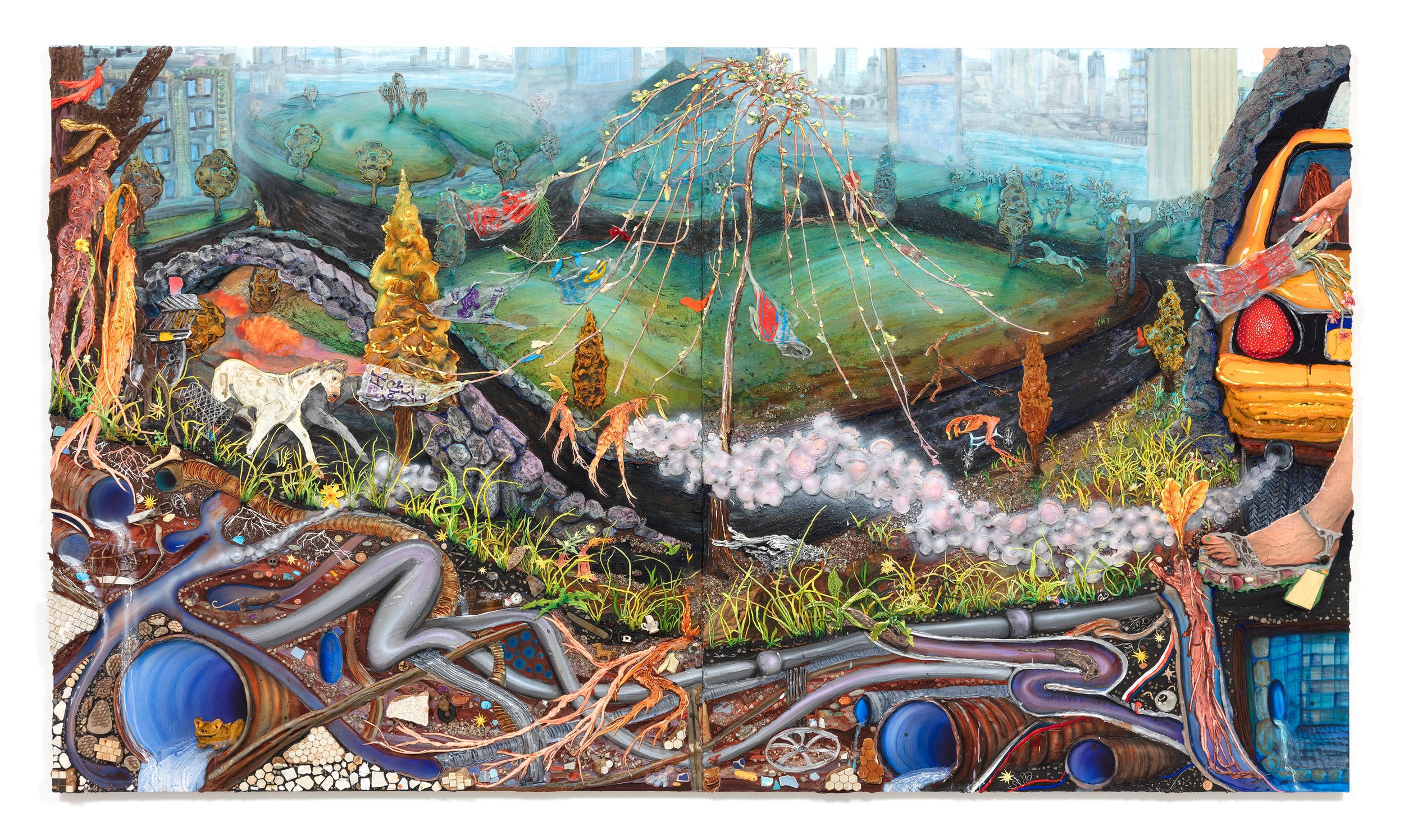   Willow Tree Finds A Way,  2022. Acrylic, pigment, watercolor, vinyl paint, sand, pumice, crushed garnet, paper clay, paper, glass, shells, found objects from Dead Horse Bay and Manhattan (balloons, toothbrush, walnut shell, tile, plastic toys, nail