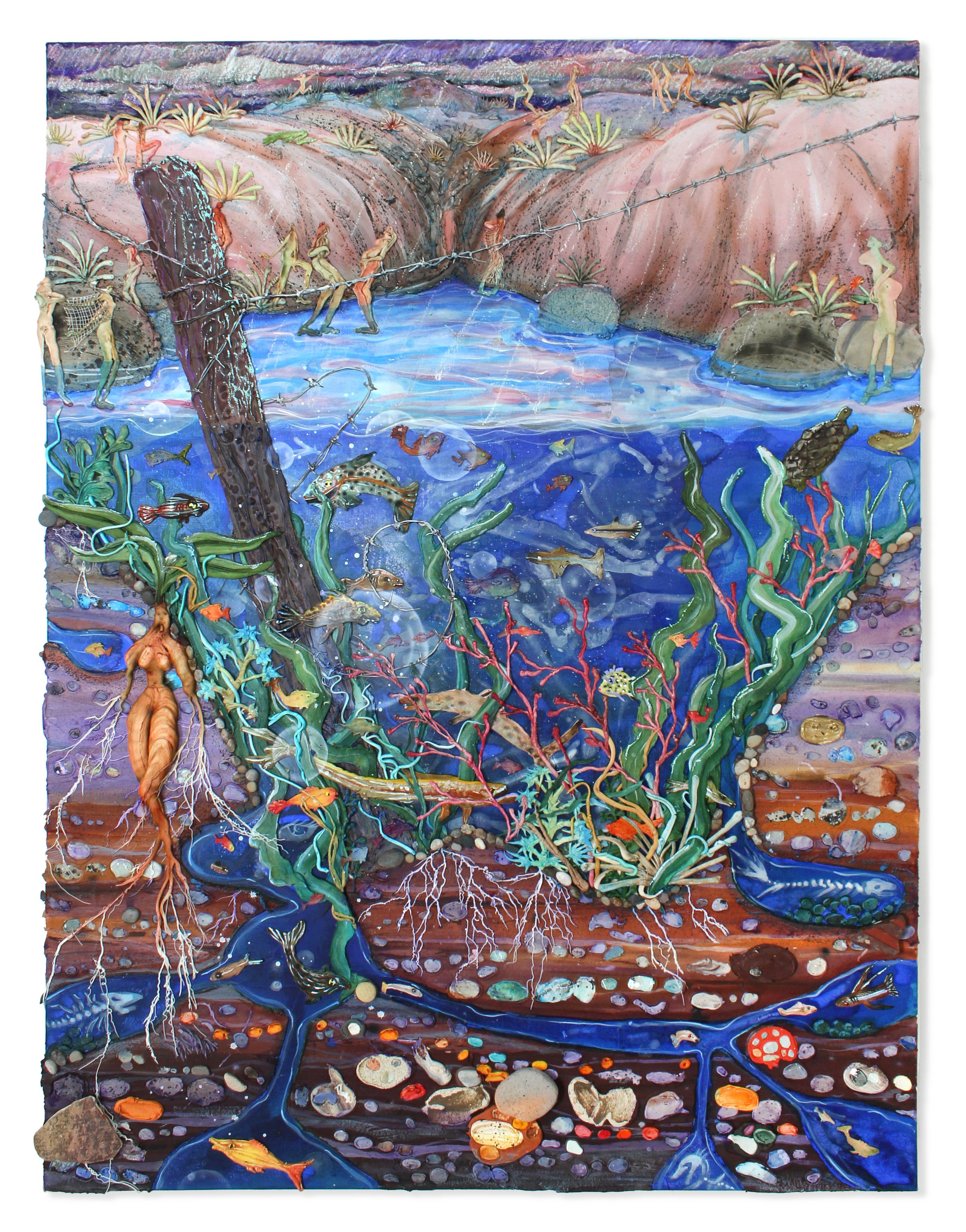   Forbidden Pond , 2020–2022. Acrylic, vinyl, pigment, watercolor, pumice, sand, cast brass, ceramic, seashells, rocks from Lake Michigan and Lake Erie and oil stick on canvas, 48 x 36.5 x 2.25 in. (121.9 x 92.7 x5.7 cm)     