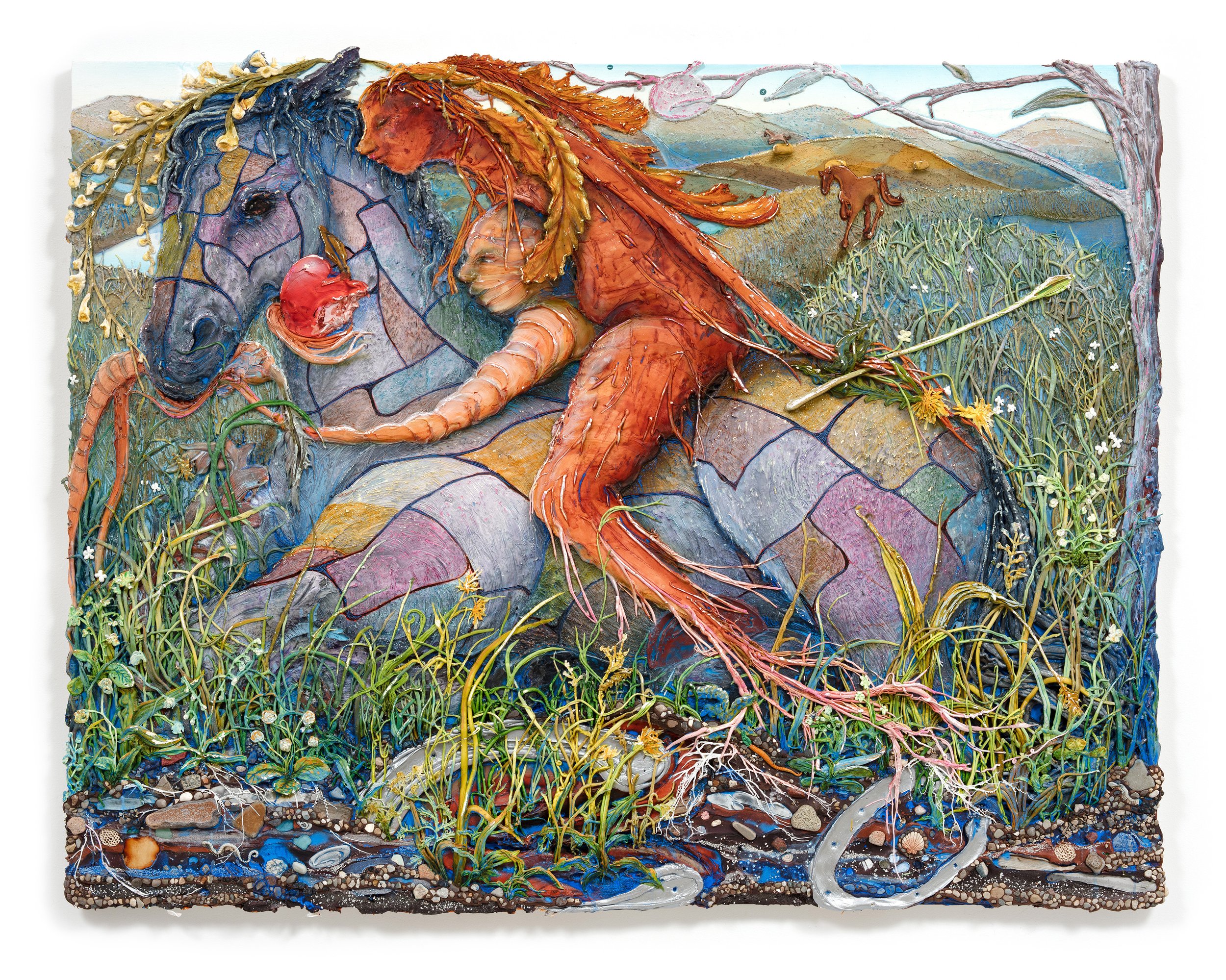   Horse Girl And The Temptation of Stillness , 2022. Acrylic, pigment, watercolor, vinyl paint, sand, pumice, glass, mica, rocks from Lake Michigan, paper clay, brick, found objects, shells and oil stick on canvas, 56.5 x 72 x 2.5 in. (143.5 x 182.9 