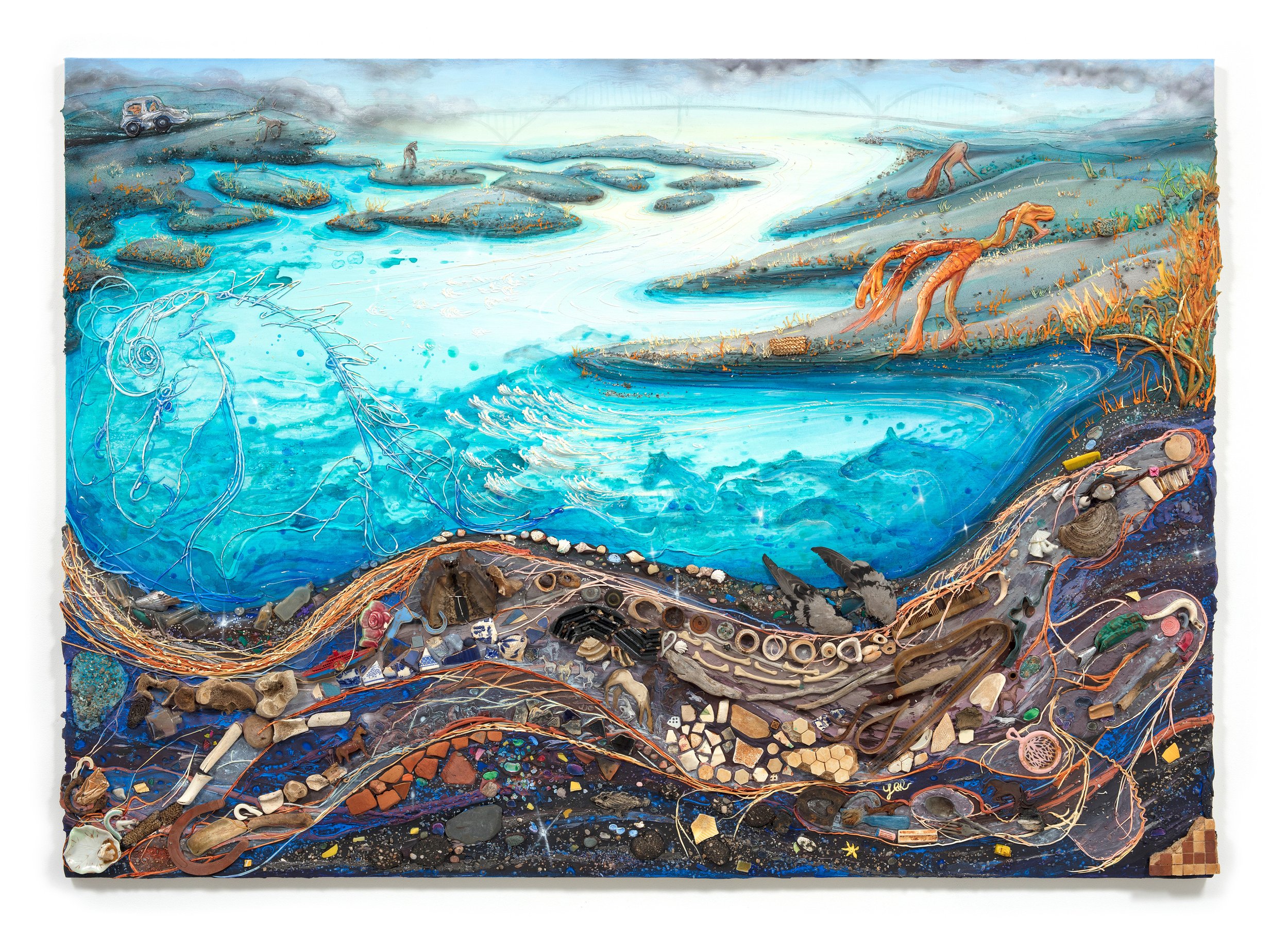   Dead Horse Bay , 2022. Acrylic, pigment, watercolor, vinyl paint, sand, pumice, crushed garnet, rocks from Lake Michigan, shells, ceramic, mica, found objects from Dead Horse Bay (horse teeth, bone, tile, horseshoe crab, plastic belt, spoon, fork, 