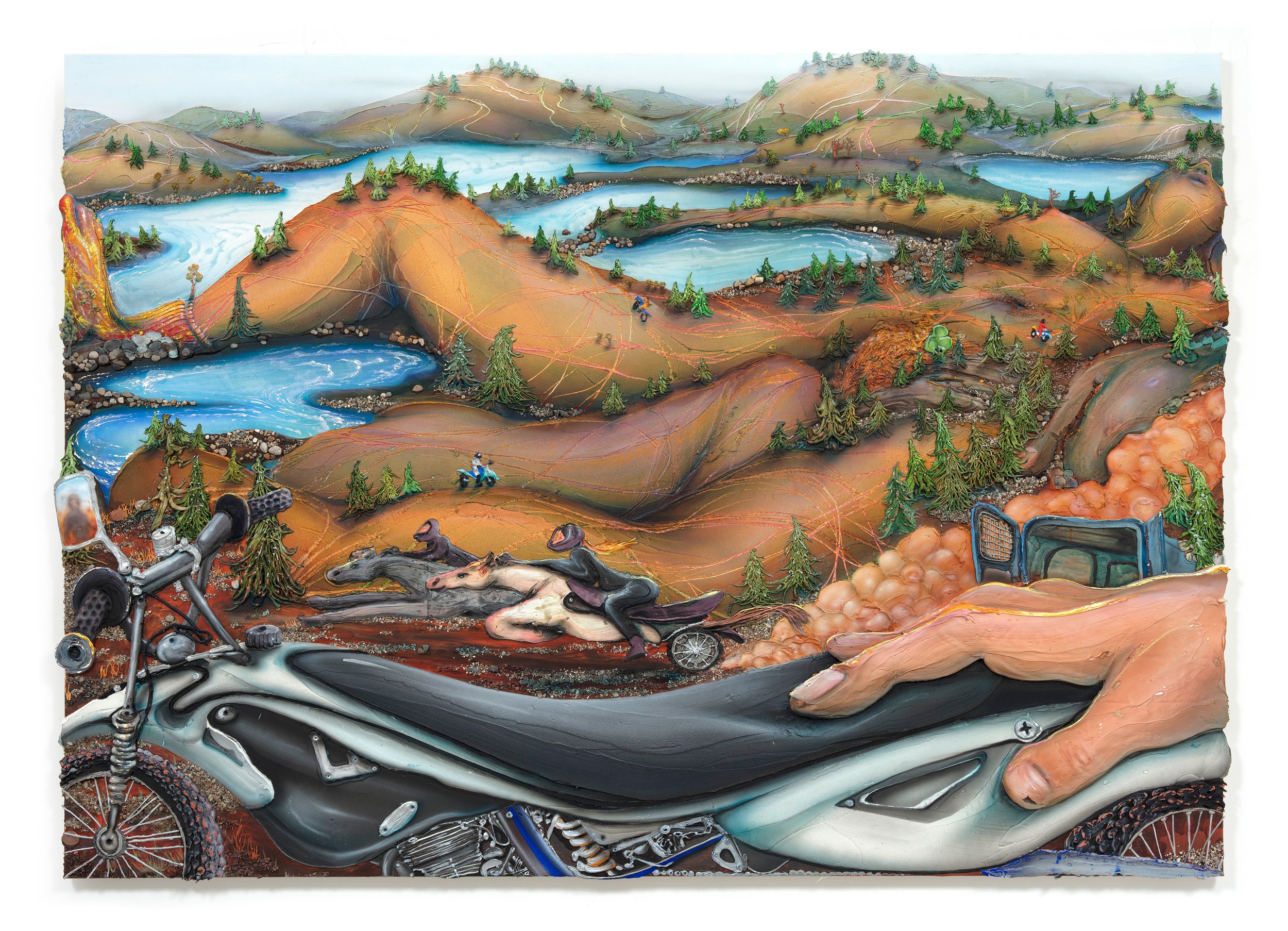   Not My First Rodeo , 2022. Acrylic, pigment, watercolor, vinyl paint, sand, pumice, rocks from Lake Michigan, saliva and oil stick on canvas, 59.25 x 85 x 2 in. (150.5 x 215.9 x 5.1 cm)   