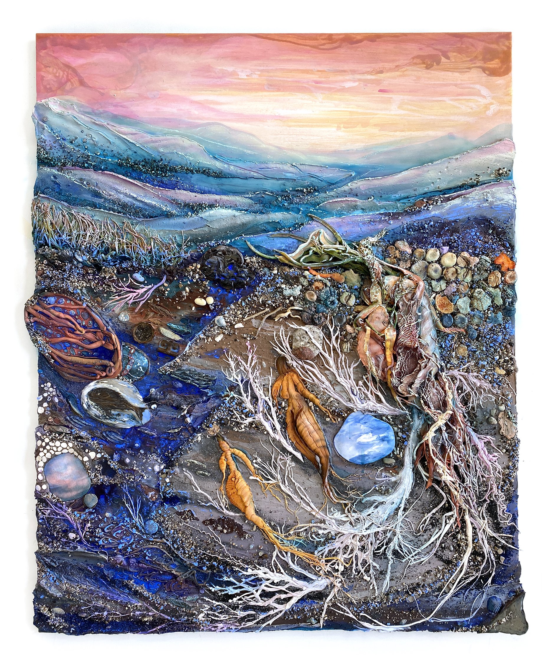  Compost Heap, 2023. Acrylic, pigment, ceramic, vinyl paint, watercolor, pumice, sand, garnet, rocks from Lake Michigan, found objects, and oil stick on canvas, 50.25 x 60.25 x 3 in.  