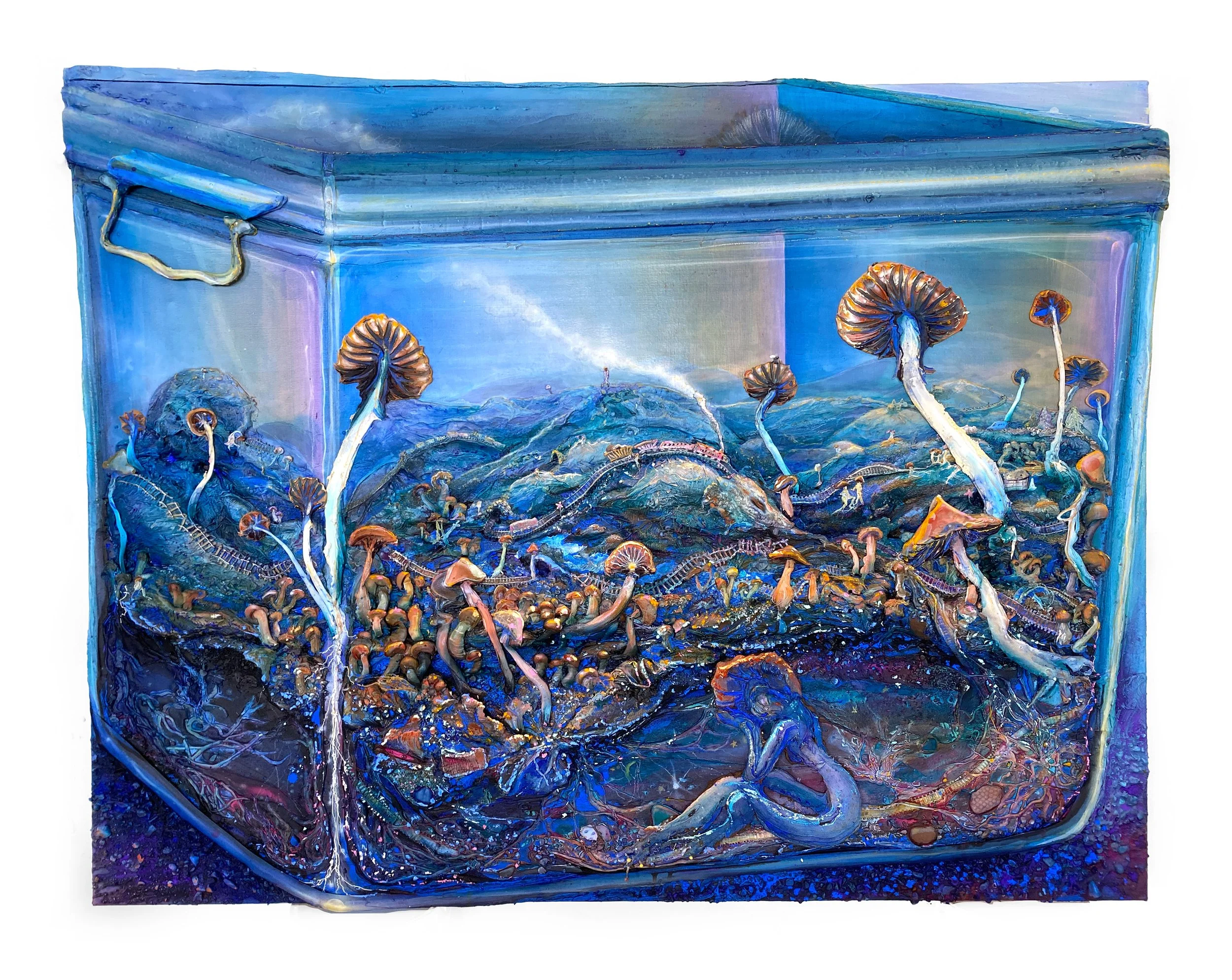   Mycoremediation, 2023, Acrylic, pigment, vinyl paint, ceramic pieces from Lake Michigan and oil stick on canvas    41.5 × 52.25 × 3” (105.4 × 132.7 × 7.6”)  