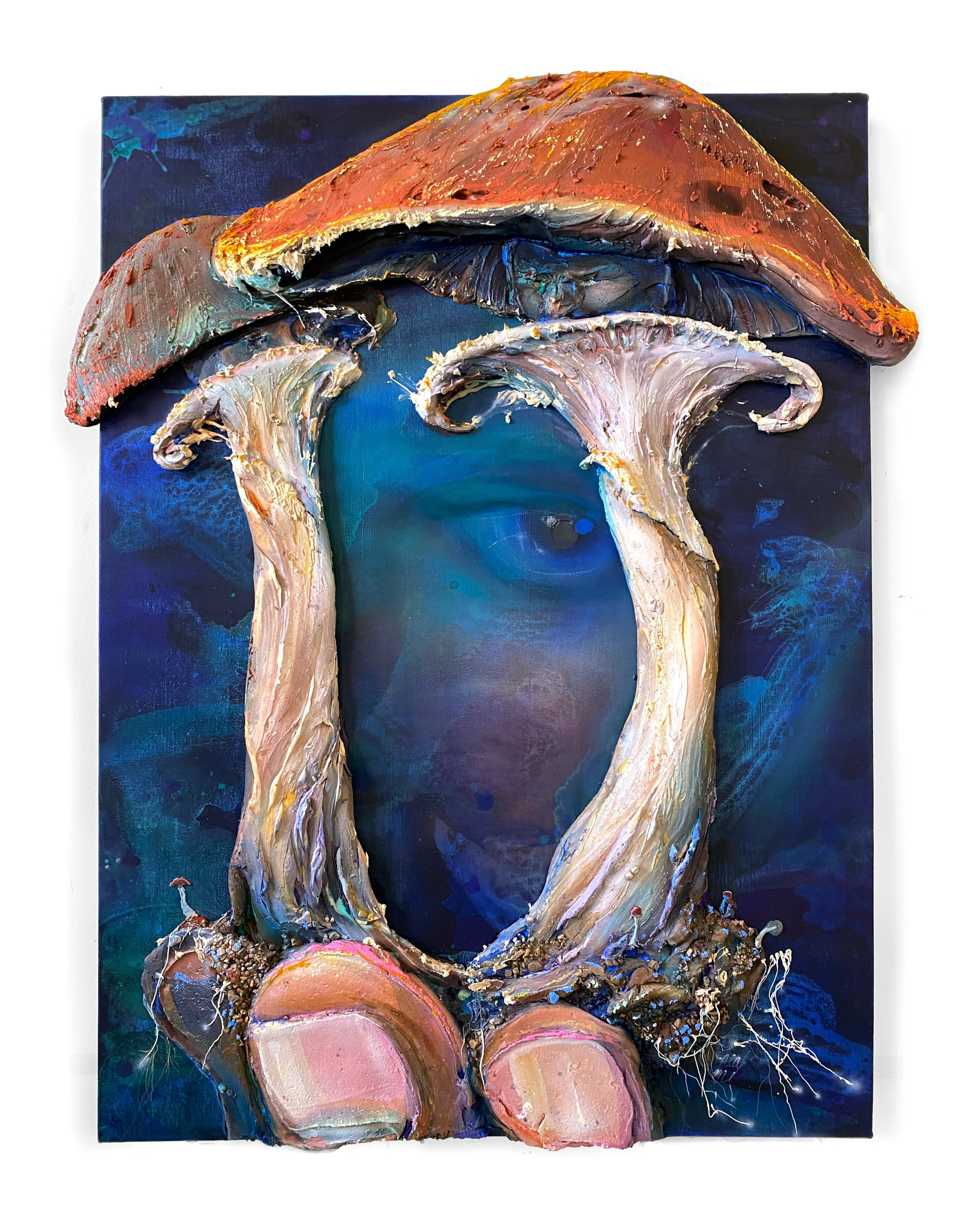   Heal Me , 2023, Acrylic, pigment, vinyl paint, glass beads, rocks, sand, and ceramic pieces from Lake Michigan and oil stick on canvas  32 × 41.5 × 3” 