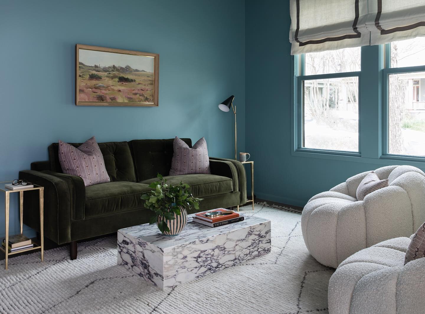 cloud vibes // this bright and beautiful blue brought this once glum living room some life.  Swipe for the before 🩵  photo by @mollyculverphotography