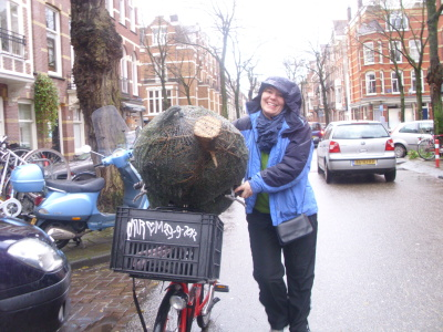 An image of Rebecca Petras walking with her bicycle carrying a christmas tree