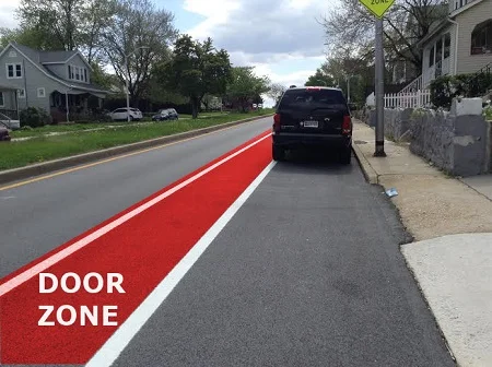 Figure 6. Walther Avenue Bicycle Lane with door zone highlighted. Photo and illustration by Adam Hull.