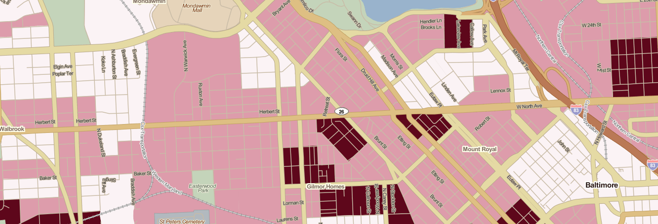 >33% of households are zero car in pink areas. >66% of households are zero car in red areas.