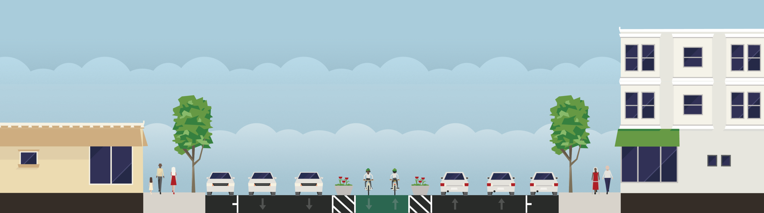 A simple fix could provide protected bike lanes and 10 feet of additional pedestrian refuge.
