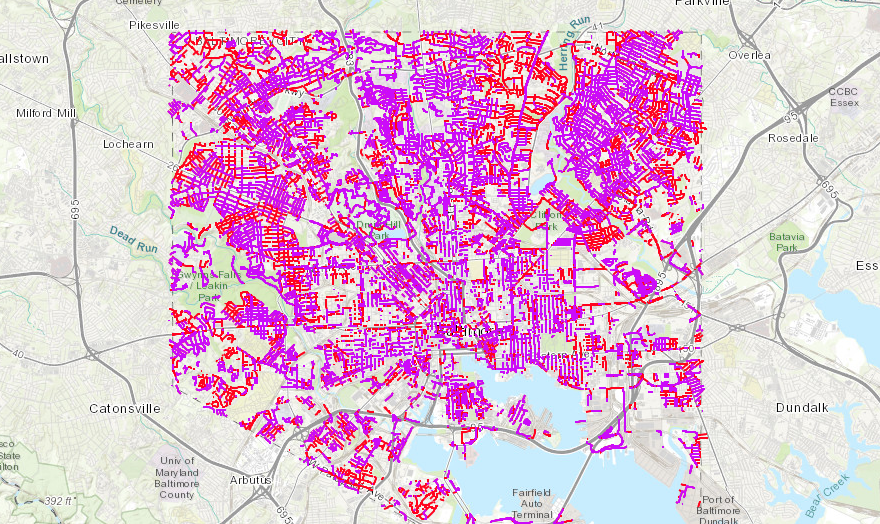 Our existing street network analyzed for clear width. Purple streets would need parking removed on both sides of the street to be compliant. Red streets would need parking removed on one side of the street to be compliant.