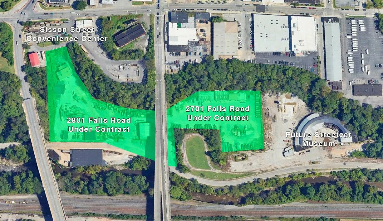 an image showing the 2801 and 2701 Falls Road sites in the context of the Sisson Street Convenience Center