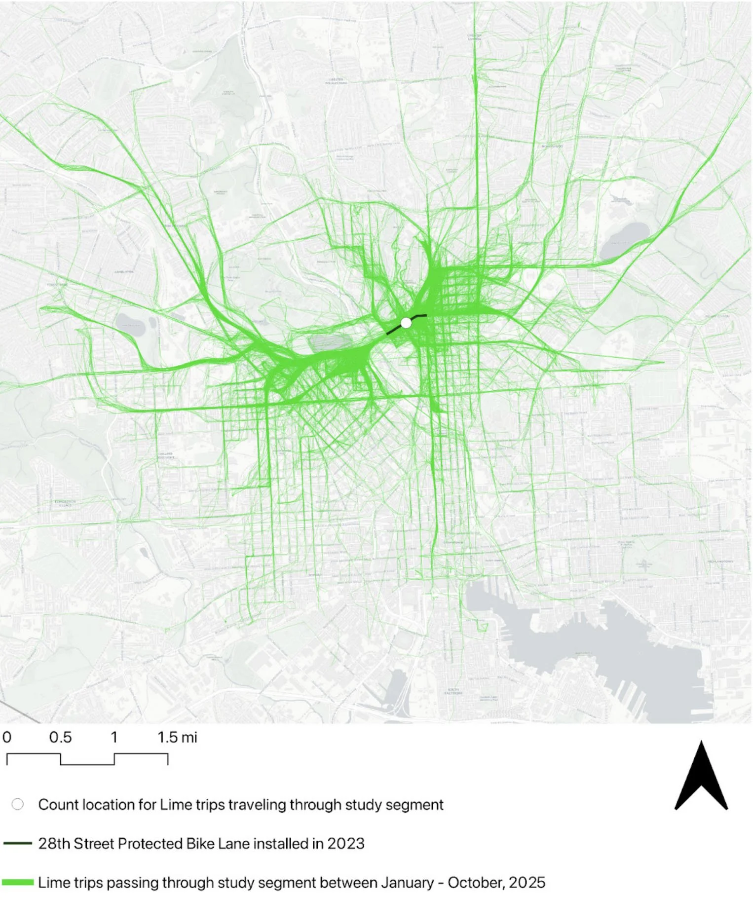 an image of thousands of trips passing through a fixed point along the 28th Street bike lane, showing how those trips branch out deep into East and West Baltimore.